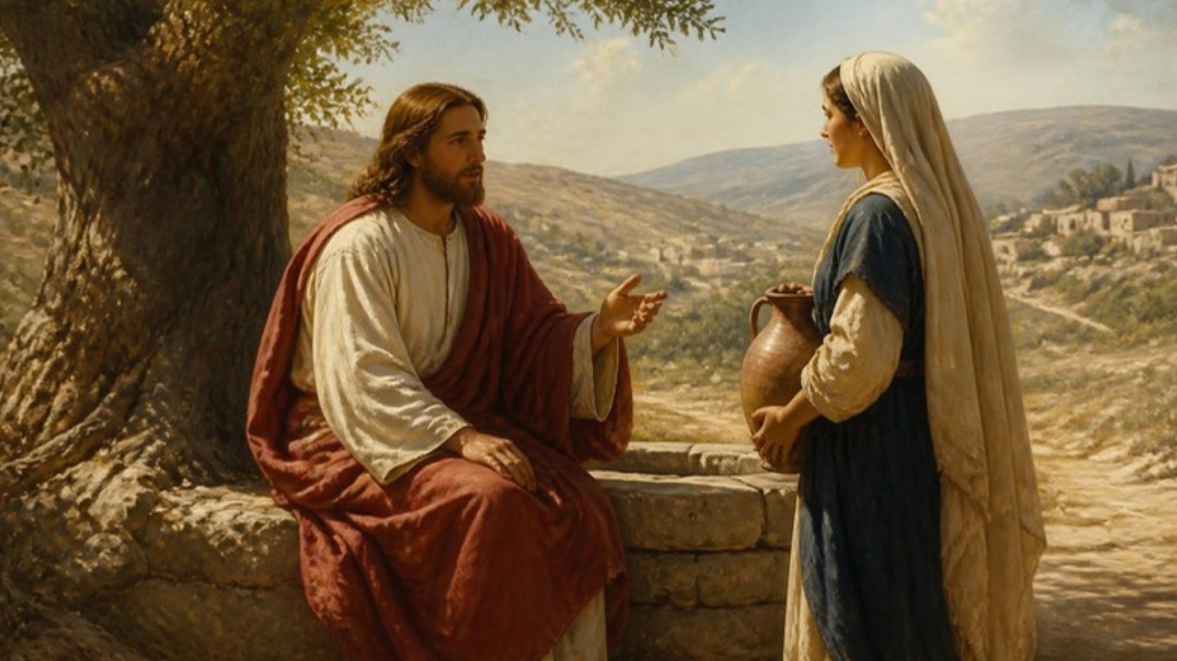 AI-generated illustration: Jesus sits at a stone well and speaks with a Samaritan woman holding a clay water jar. Classical sacred-art style.
