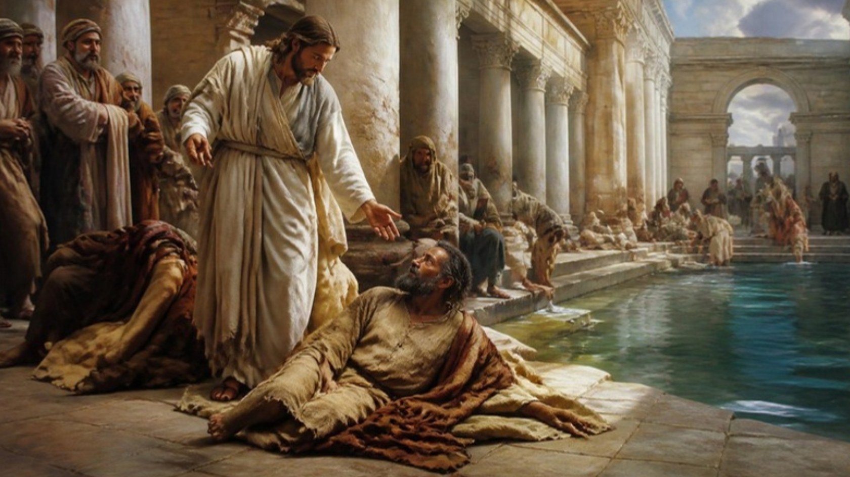 AI-generated illustration: Jesus bends over a sick man on his mat beside the colonnaded pool of Bethesda and bids him rise. Classical sacred-art style.