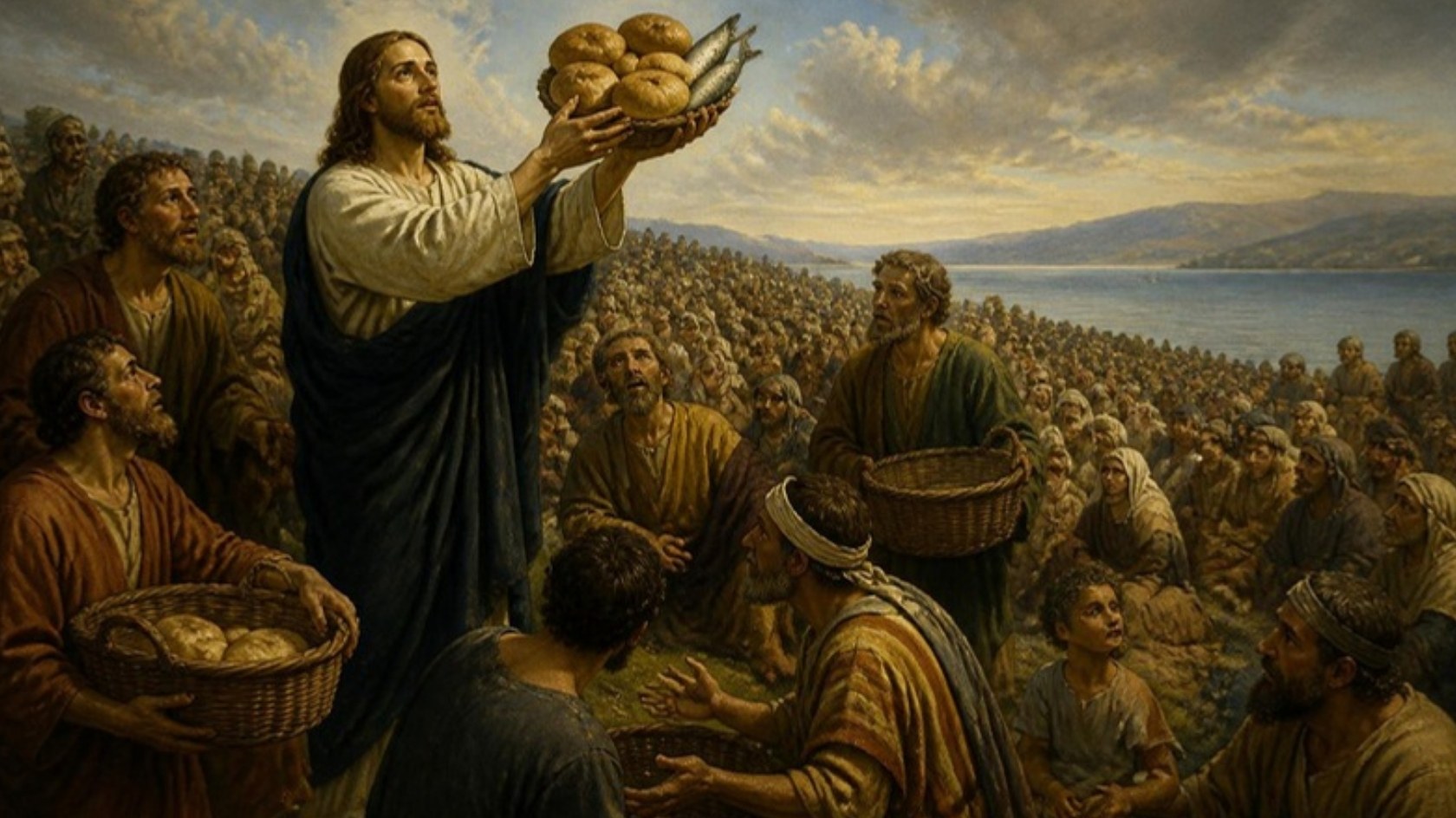 AI-generated illustration: Jesus lifts loaves and fish in blessing before a great crowd seated by the Sea of Galilee. Classical sacred-art style.