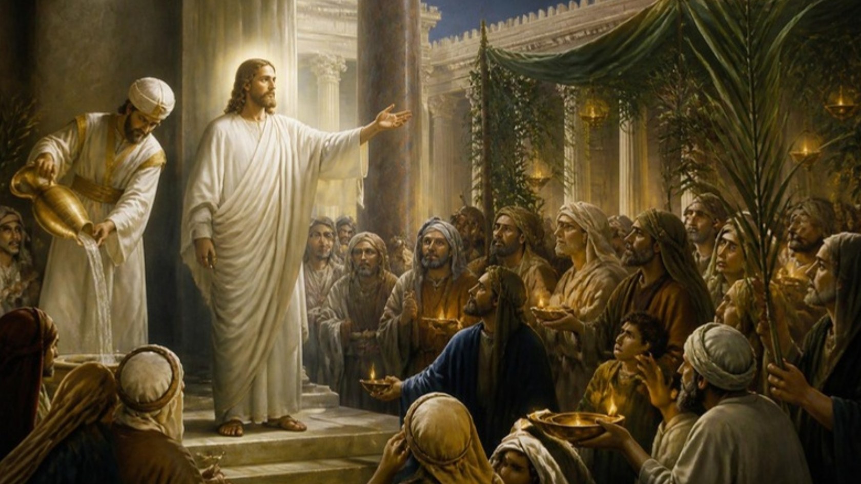 AI-generated illustration: Jesus calls out in the Temple courts at the Feast of Tabernacles as a priest pours water and people hold lamps. Classical sacred-art style.