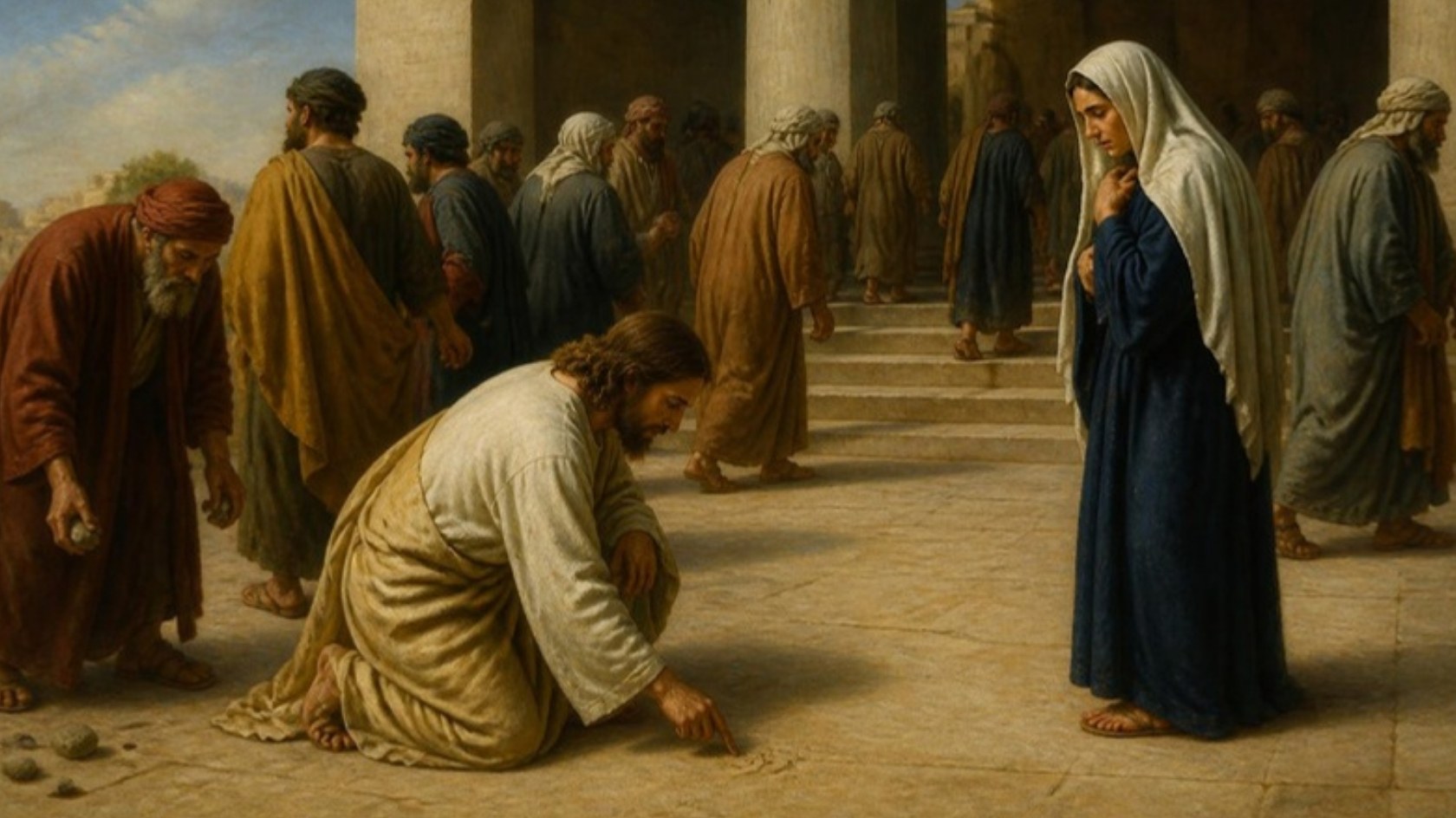 AI-generated illustration: Jesus kneels writing in the dust as accusers drop their stones and leave, a veiled woman standing alone. Classical sacred-art style.