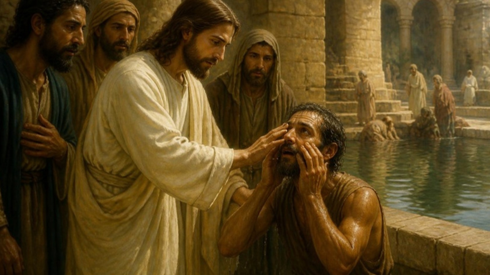 AI-generated illustration: Jesus touches the eyes of the man born blind beside the pool of Siloam as the disciples look on. Classical sacred-art style.