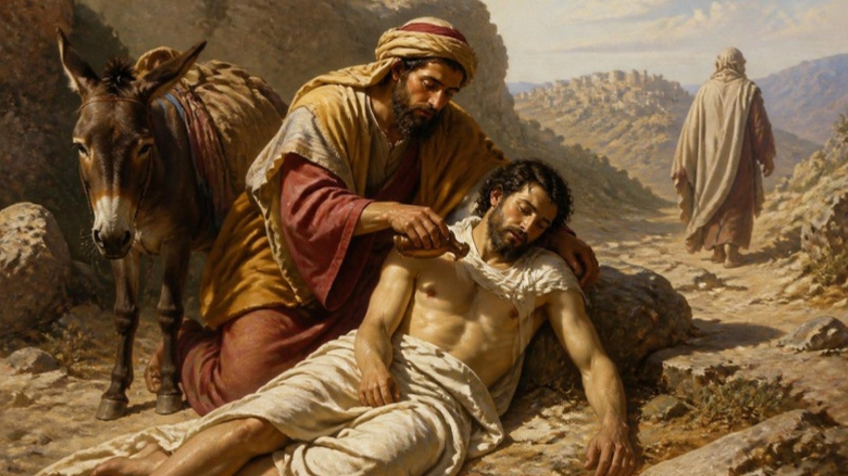 AI-generated illustration: the Good Samaritan tends a wounded traveler on a rocky road, his donkey beside them, a priest walking away. Classical sacred-art style.
