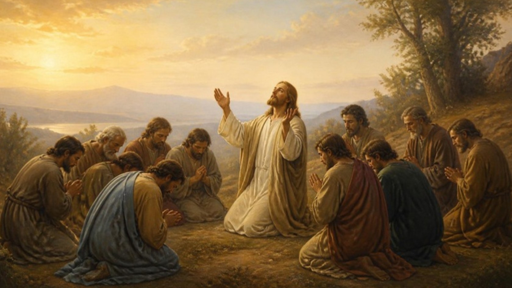 AI-generated illustration: Jesus kneels in prayer on a hillside at dawn with his disciples kneeling around him. Classical sacred-art style.
