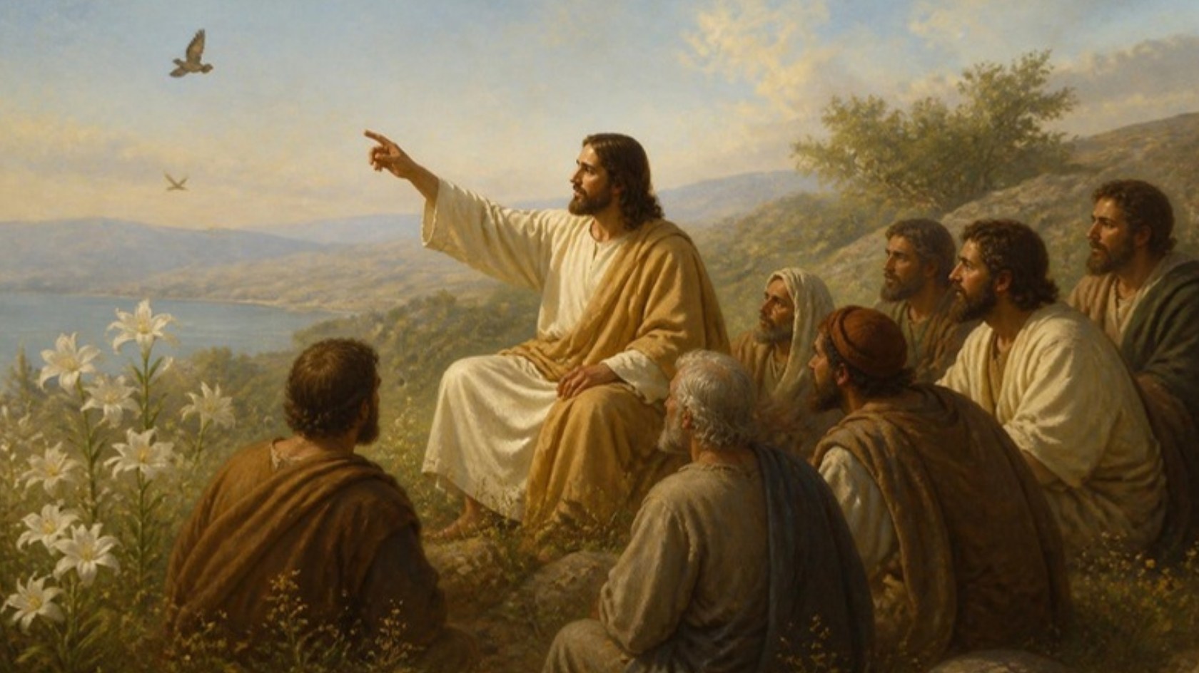 AI-generated illustration: Jesus sits on a Galilean hillside teaching his disciples, pointing to the birds of the air beside wild lilies. Classical sacred-art style.