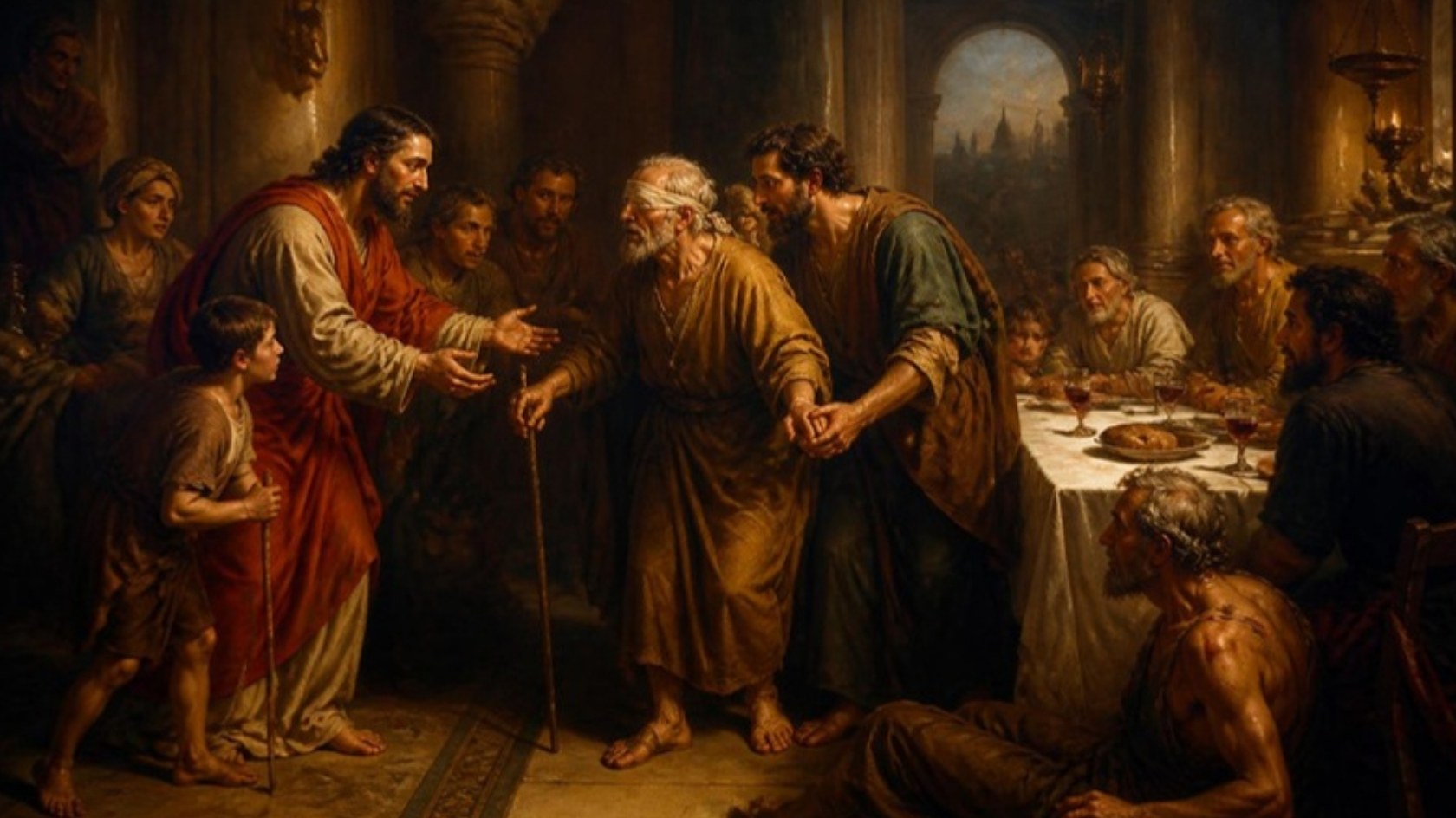 AI-generated illustration: a host welcomes the poor, the lame and the blind to a lamplit banquet table. Classical sacred-art style.