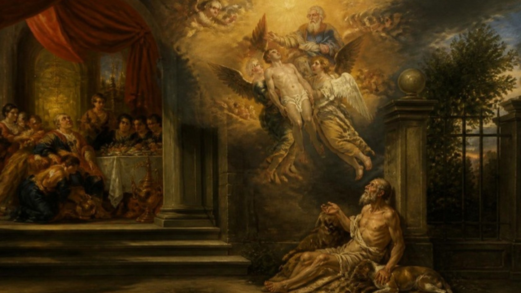 AI-generated illustration: the beggar Lazarus sits at a rich man's gate while angels carry him toward heaven above. Classical sacred-art style.