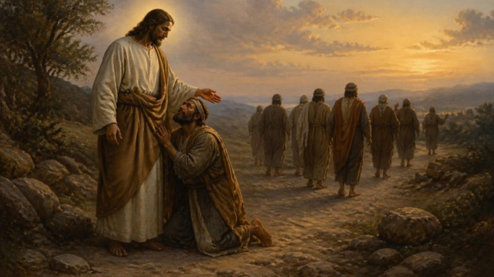 AI-generated illustration: one healed Samaritan kneels in thanks before Jesus as nine others walk away down the road. Classical sacred-art style.