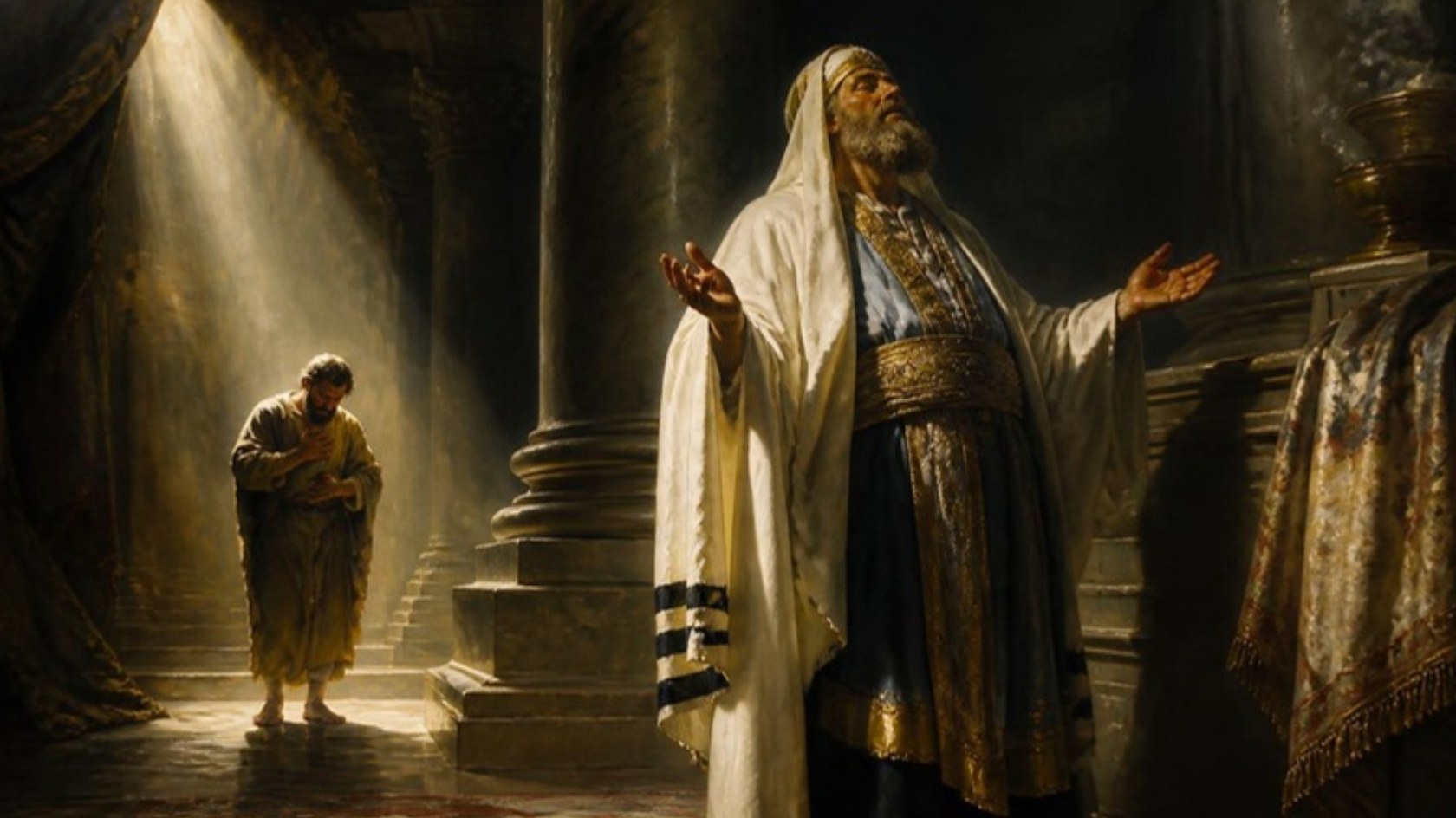 AI-generated illustration: a Pharisee prays proudly in the Temple while a tax collector at the back bows in a shaft of light. Classical sacred-art style.