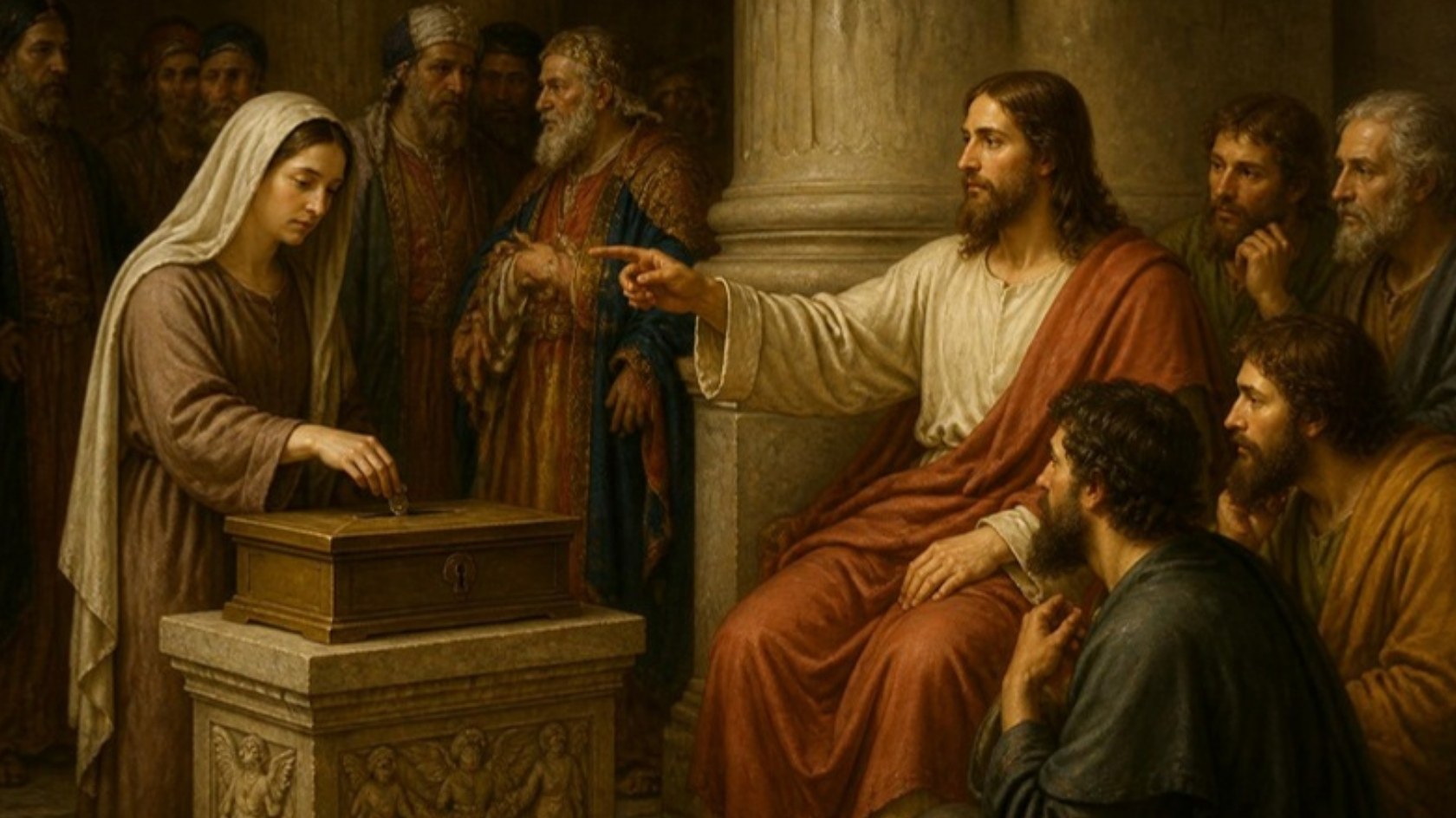 AI-generated illustration: a poor veiled widow drops two coins into the Temple treasury as Jesus points her out. Classical sacred-art style.