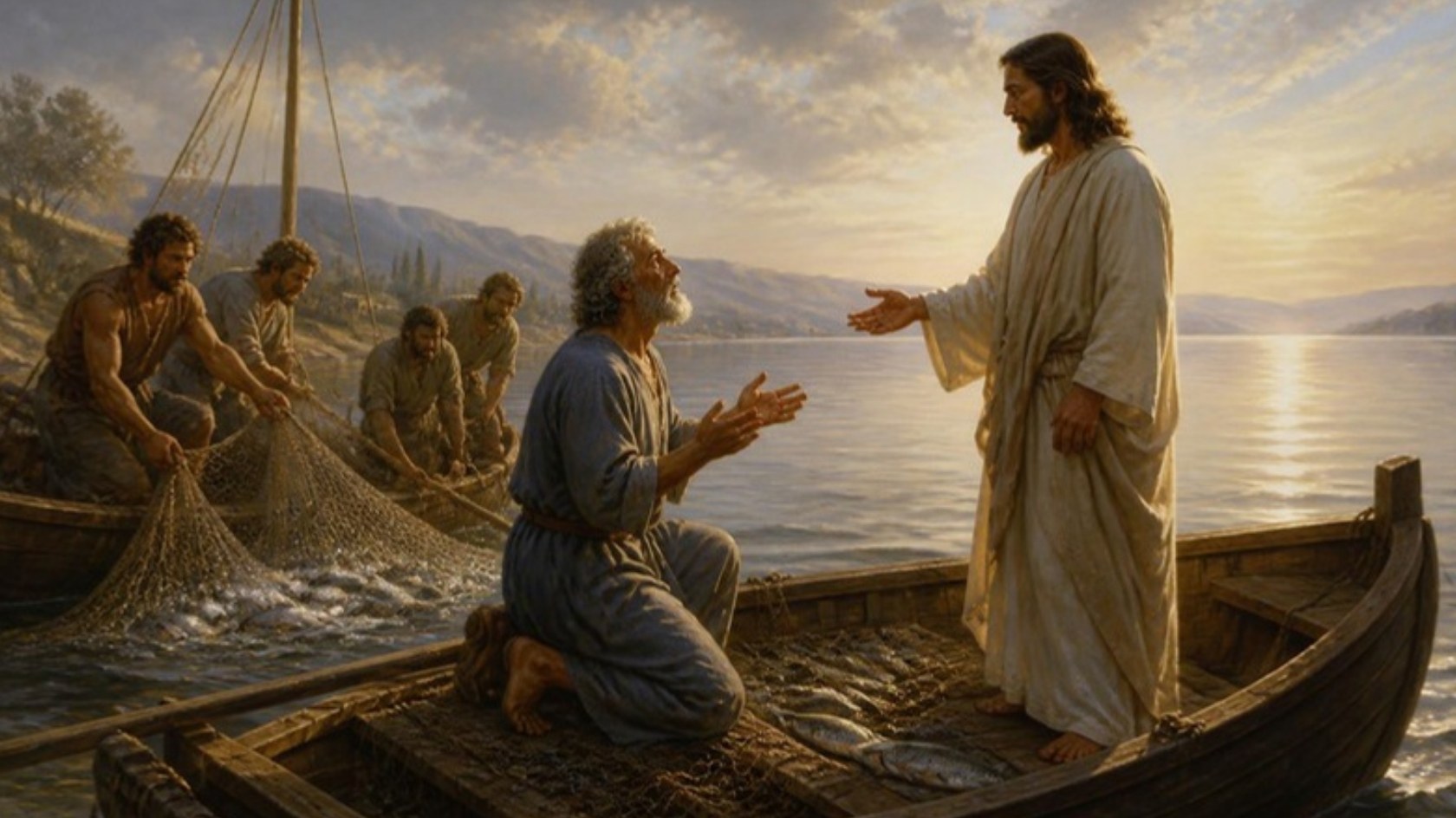 AI-generated illustration: Peter kneels in a fishing boat before Jesus as nets overflow with fish on the Sea of Galilee. Classical sacred-art style.