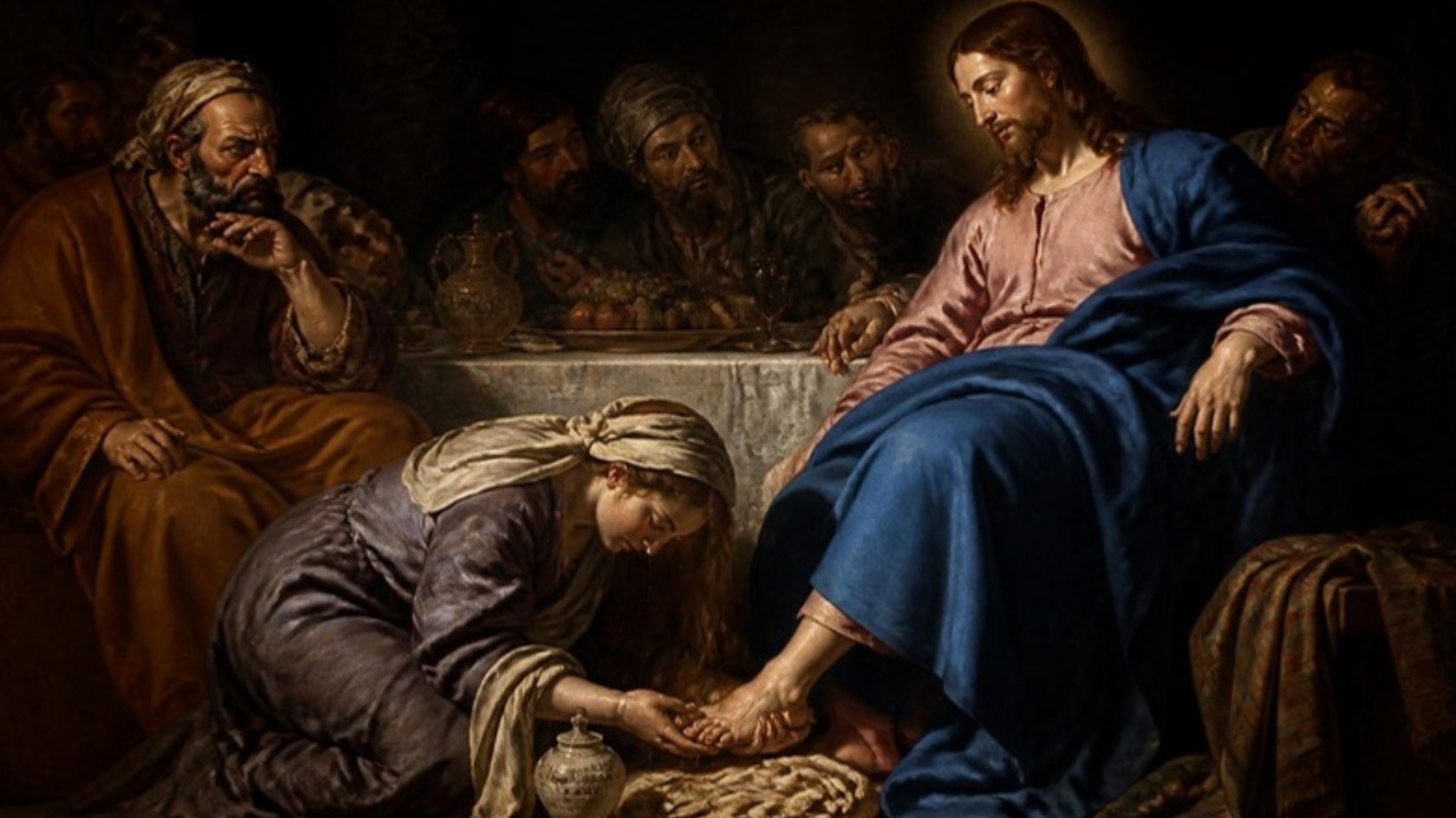 AI-generated illustration: a veiled penitent woman anoints the feet of Jesus at a Pharisee's dinner as Simon looks on. Classical sacred-art style.