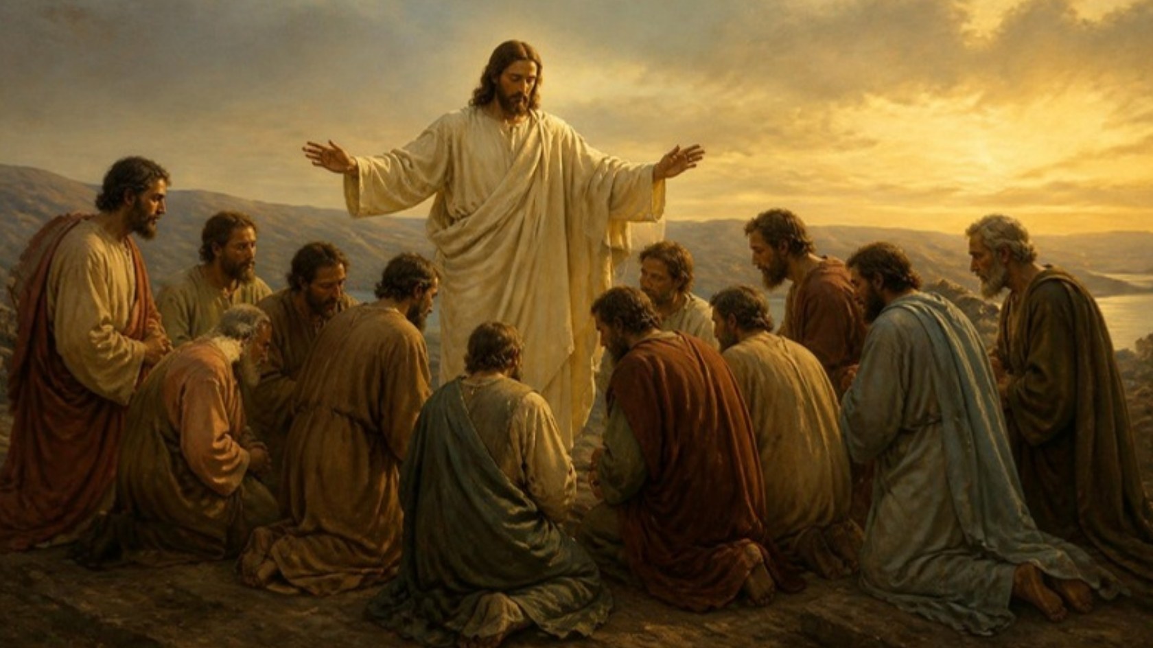 AI-generated illustration: Jesus with arms extended blesses the twelve apostles kneeling around him on a hillside at dawn. Classical sacred-art style.