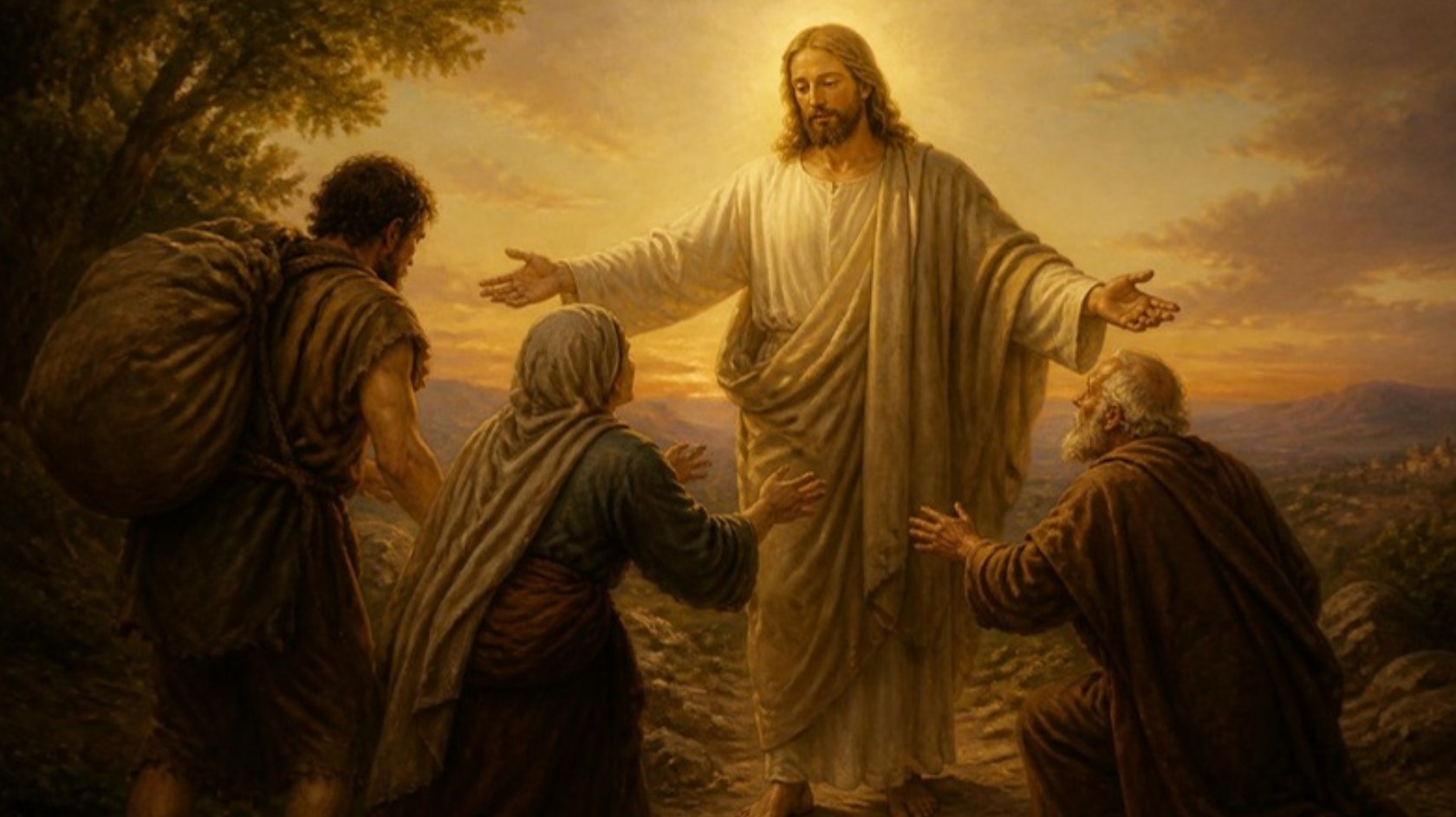 AI-generated illustration: Christ with open arms welcomes weary travelers, a laborer with a burden, a widow and an old man. Classical sacred-art style.