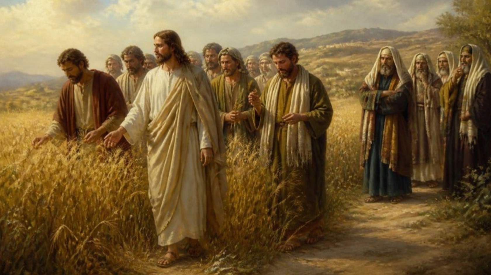 AI-generated illustration: Jesus walks with his disciples through a field of ripe grain as Pharisees watch from the path. Classical sacred-art style.