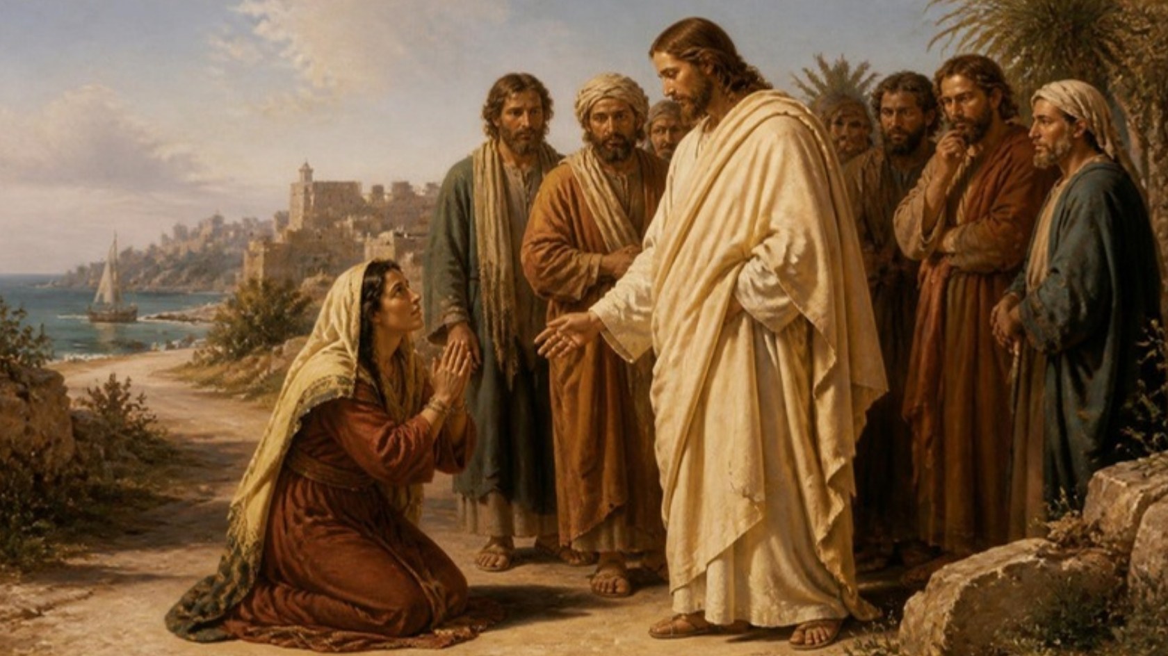 AI-generated illustration: a Canaanite mother kneels pleading before Jesus on a road by the sea, apostles behind. Classical sacred-art style.