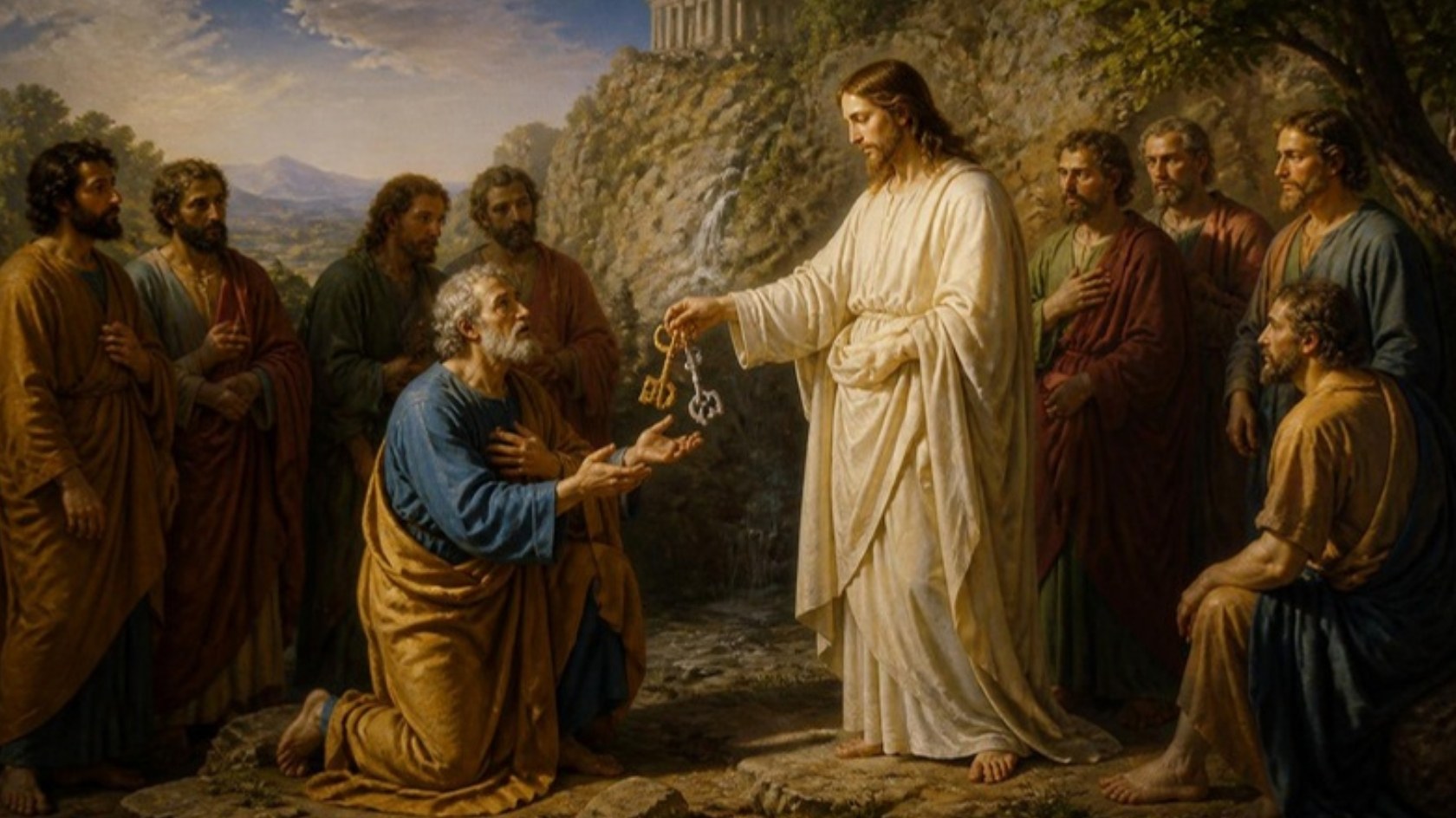AI-generated illustration: Jesus gives two keys to Peter, who kneels before him at Caesarea Philippi, the apostles watching. Classical sacred-art style.