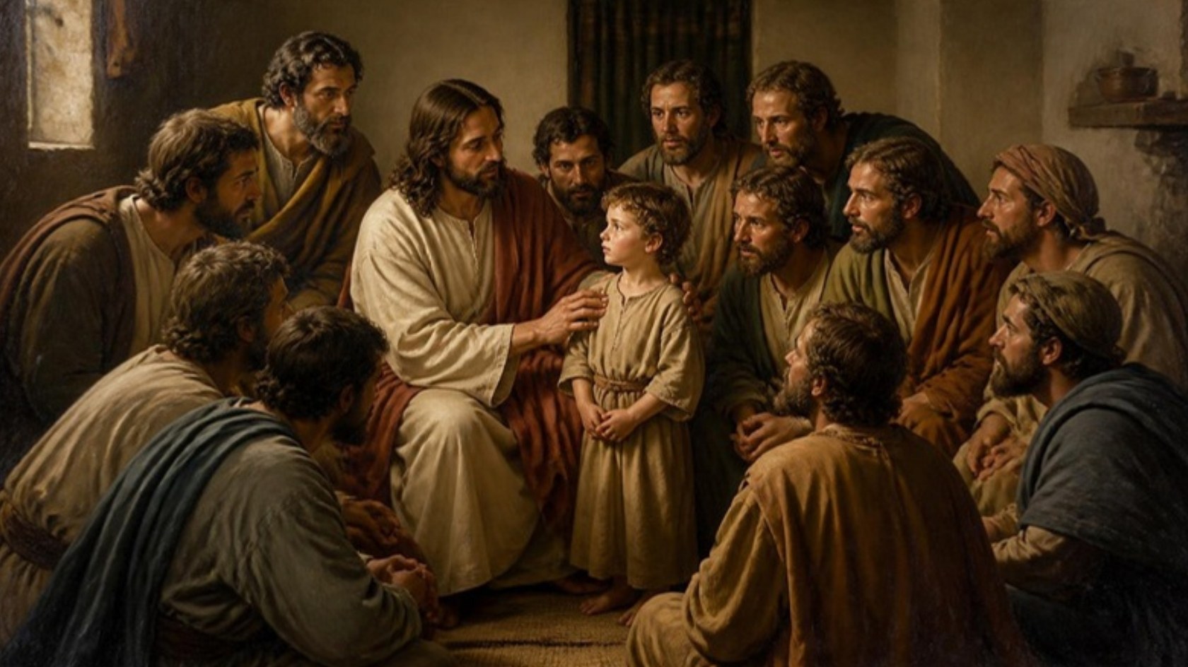 AI-generated illustration: Jesus places his hand on a small child standing among the twelve apostles in a simple house. Classical sacred-art style.