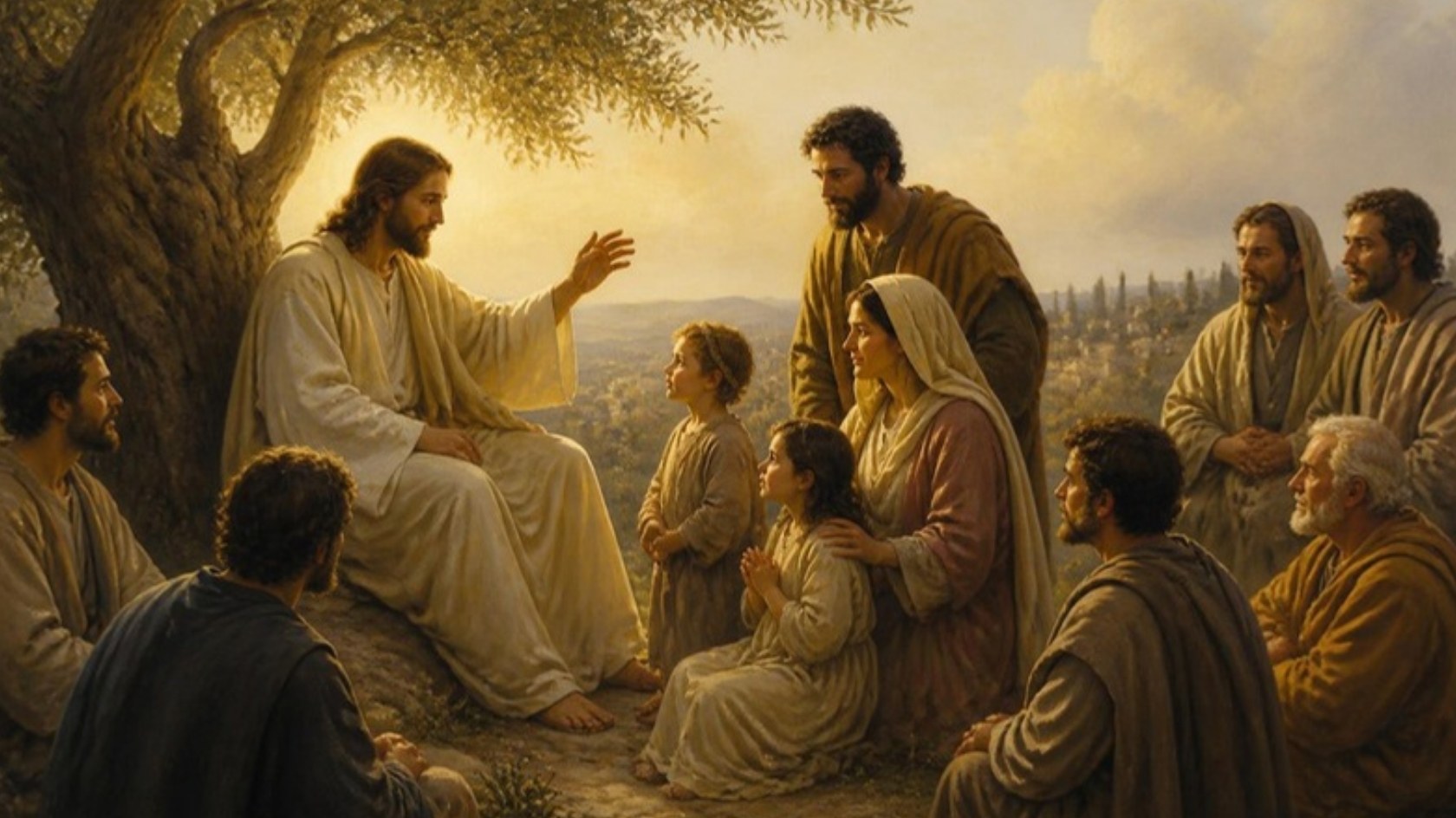 AI-generated illustration: Jesus seated under an olive tree blesses children brought by a family, apostles watching. Classical sacred-art style.