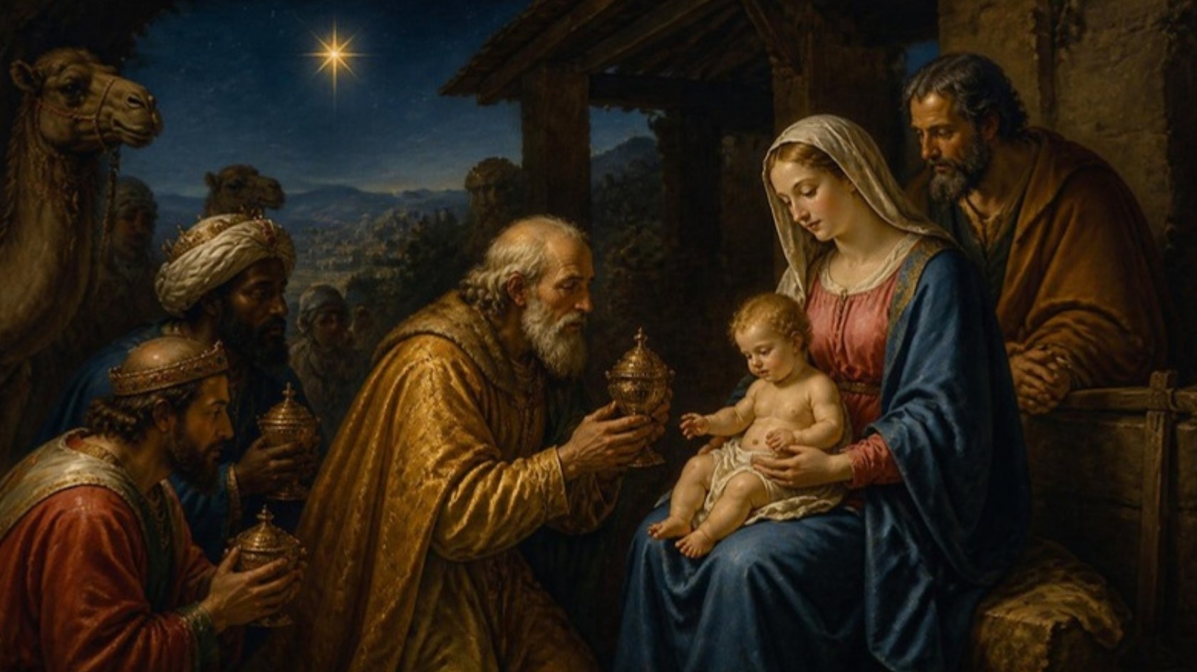 AI-generated illustration: the three Magi kneel offering gifts to the Child Jesus on the Virgin Mary's lap, Joseph beside them, the star above. Classical sacred-art style.