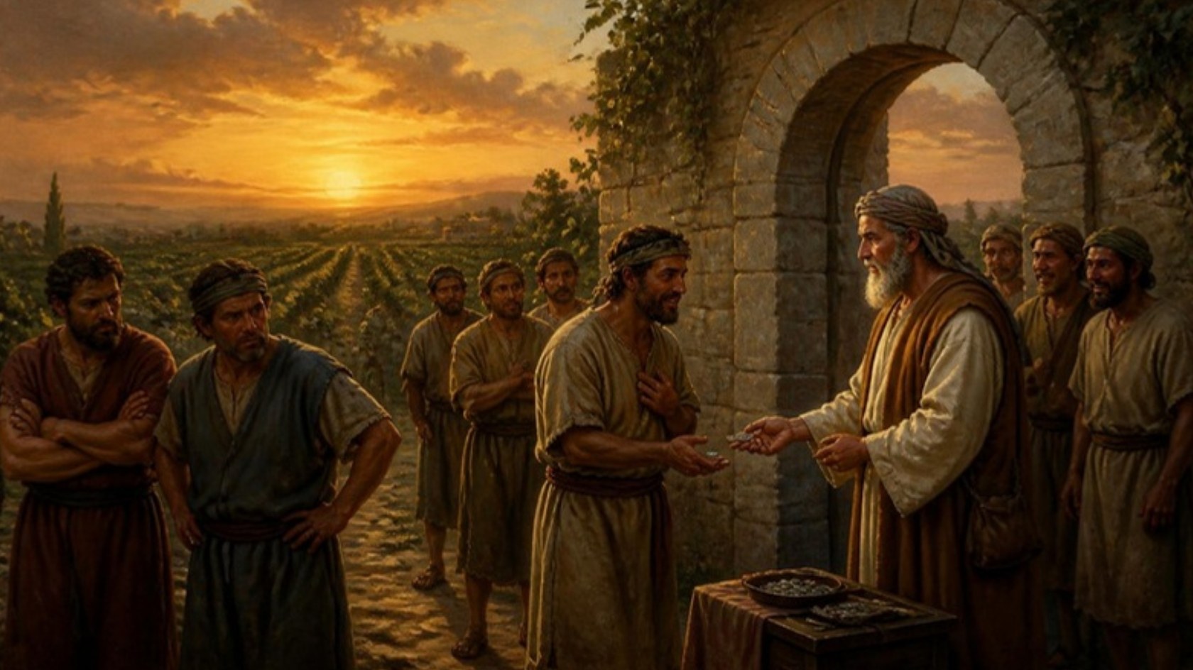 AI-generated illustration: a landowner pays laborers at the vineyard gate at sunset, some grateful, some frowning. Classical sacred-art style.