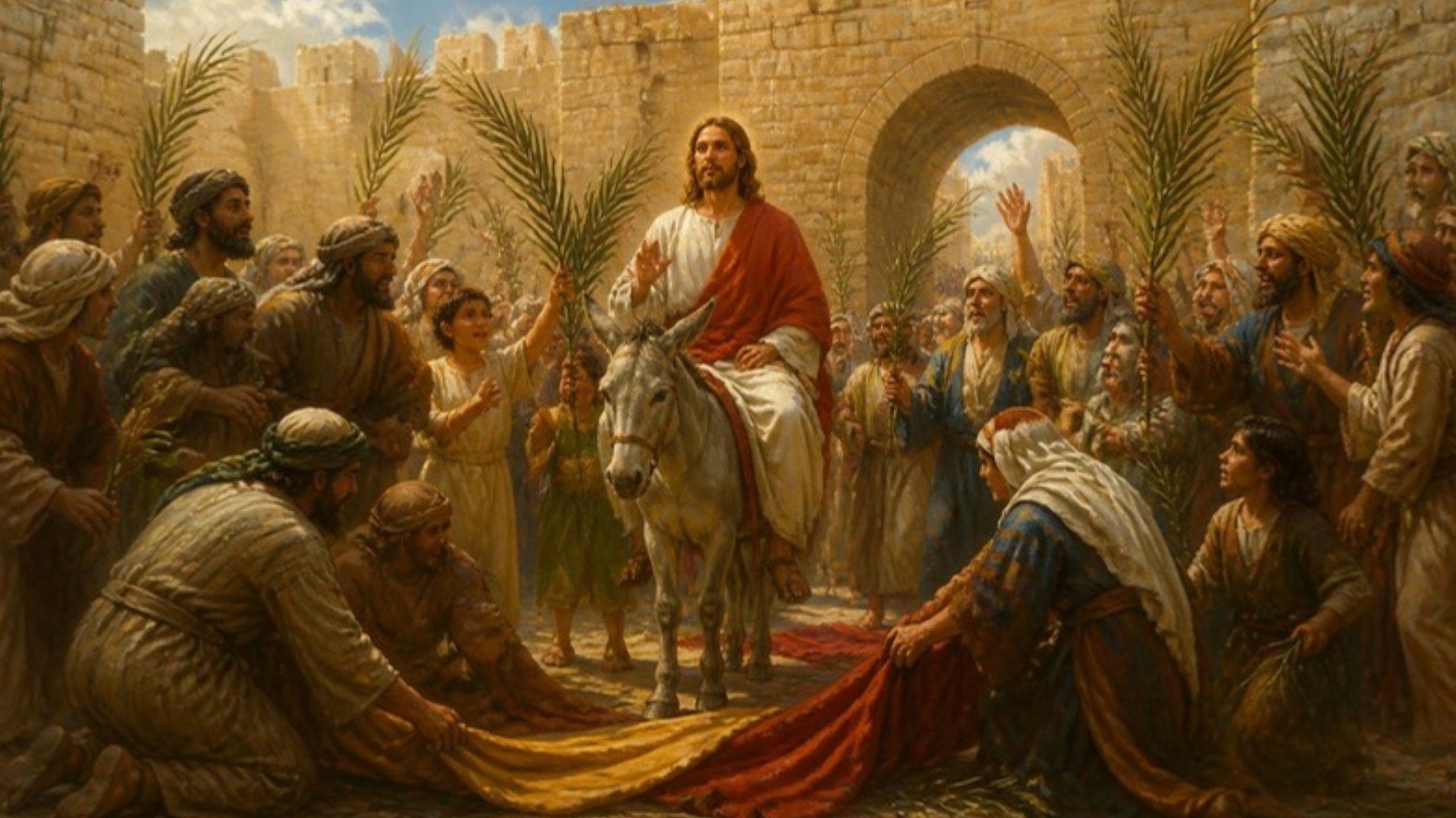 AI-generated illustration: Jesus rides a donkey through the gate of Jerusalem as the crowd waves palms and spreads cloaks. Classical sacred-art style.