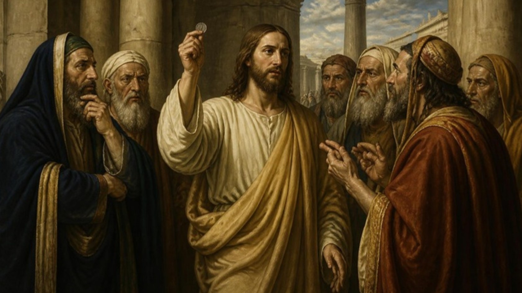 AI-generated illustration: Jesus holds up a coin before questioning Pharisees in the Temple colonnade. Classical sacred-art style.