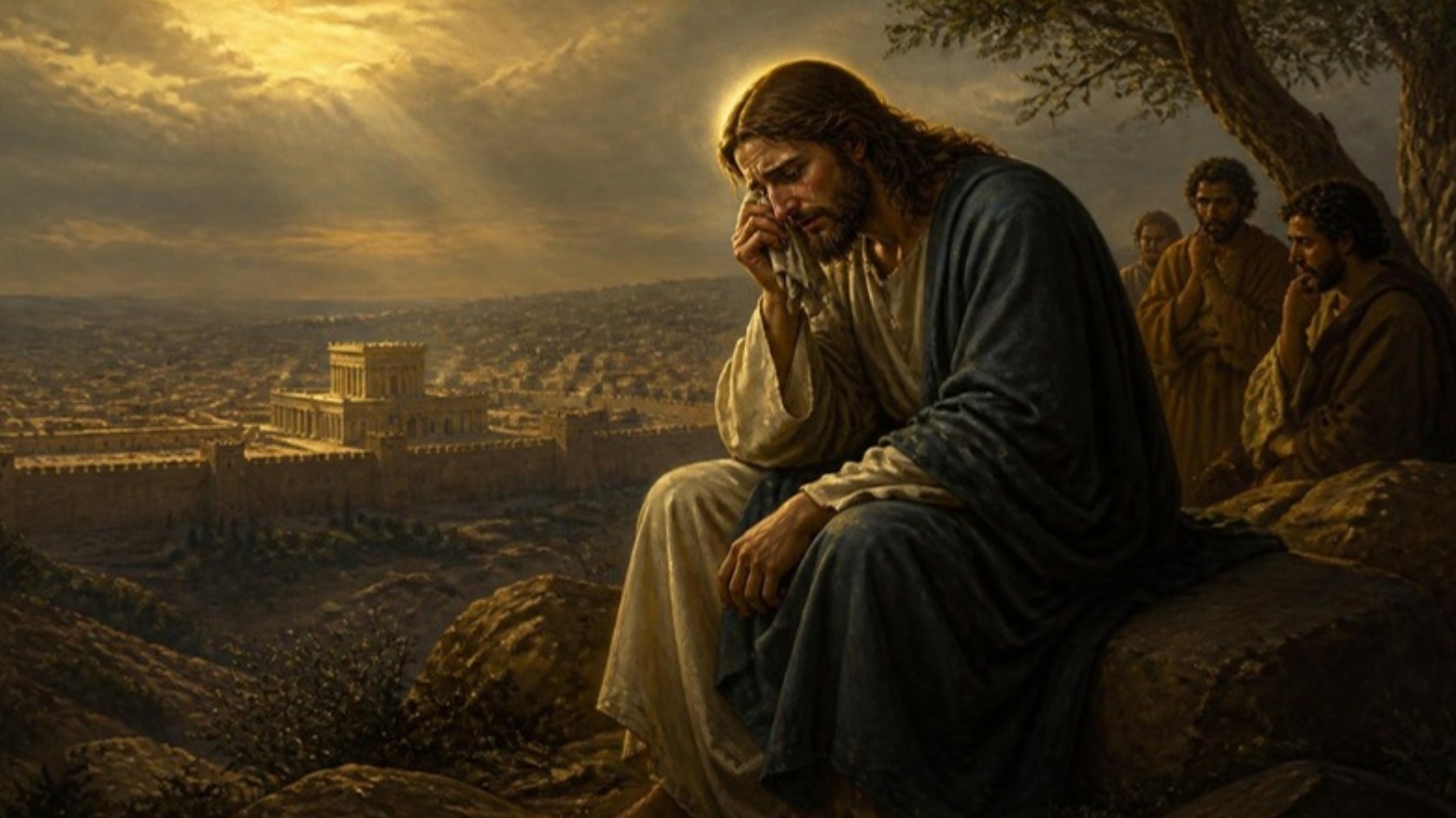 AI-generated illustration: Jesus sits weeping on the Mount of Olives above Jerusalem and the Temple, disciples nearby. Classical sacred-art style.