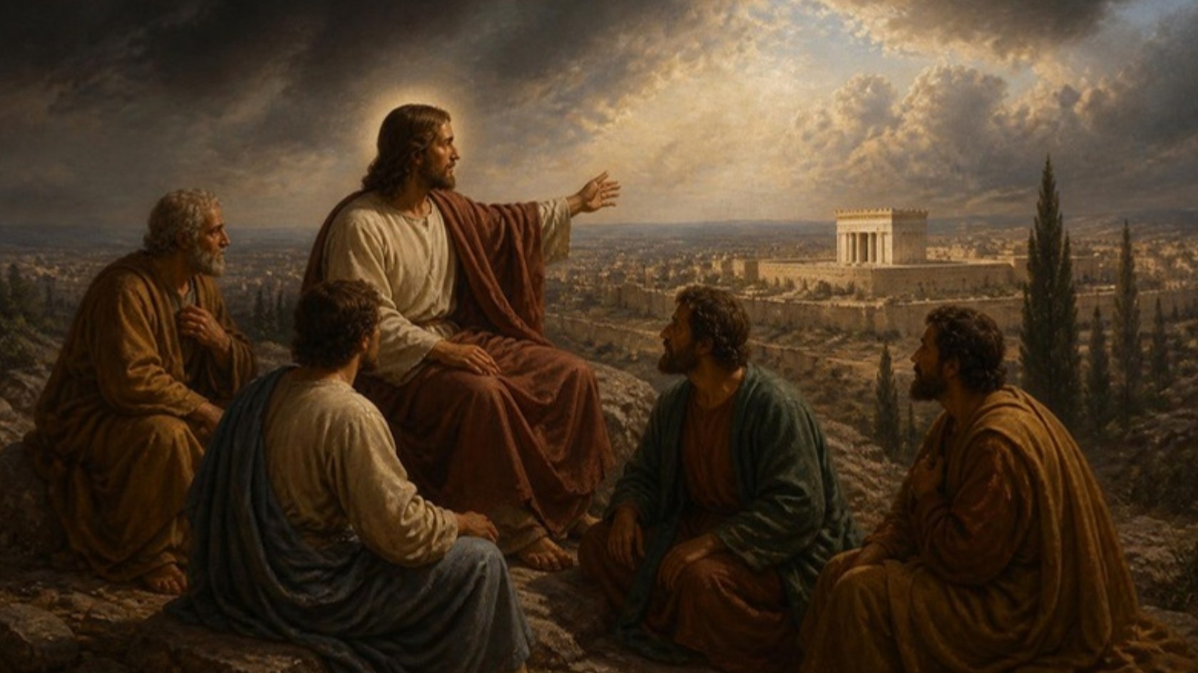 AI-generated illustration: Jesus teaches four apostles on the Mount of Olives, pointing to the Temple under a dramatic sky. Classical sacred-art style.