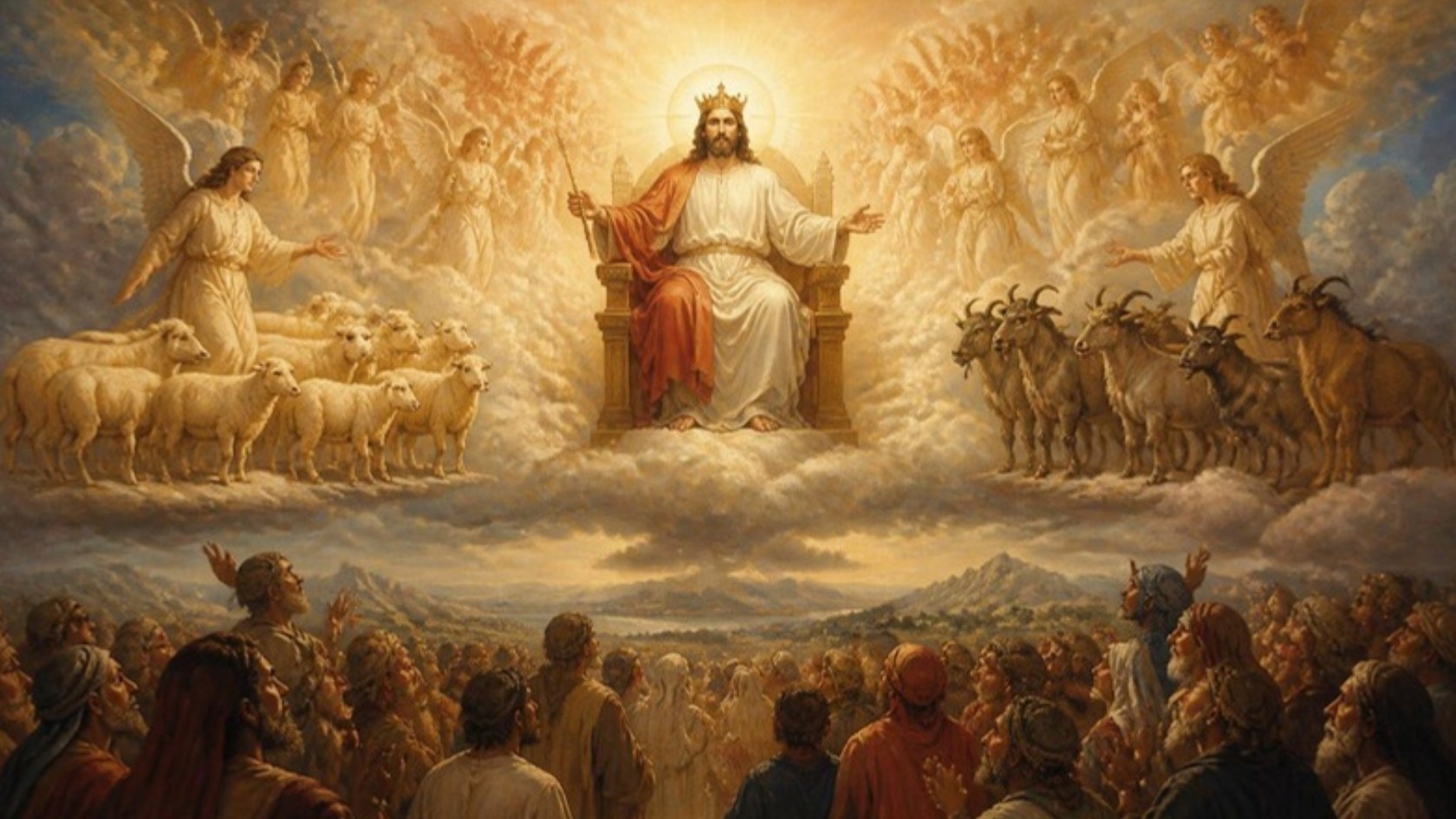 AI-generated illustration: Christ the King enthroned on clouds among angels, sheep at his right and goats at his left, the nations below. Classical sacred-art style.