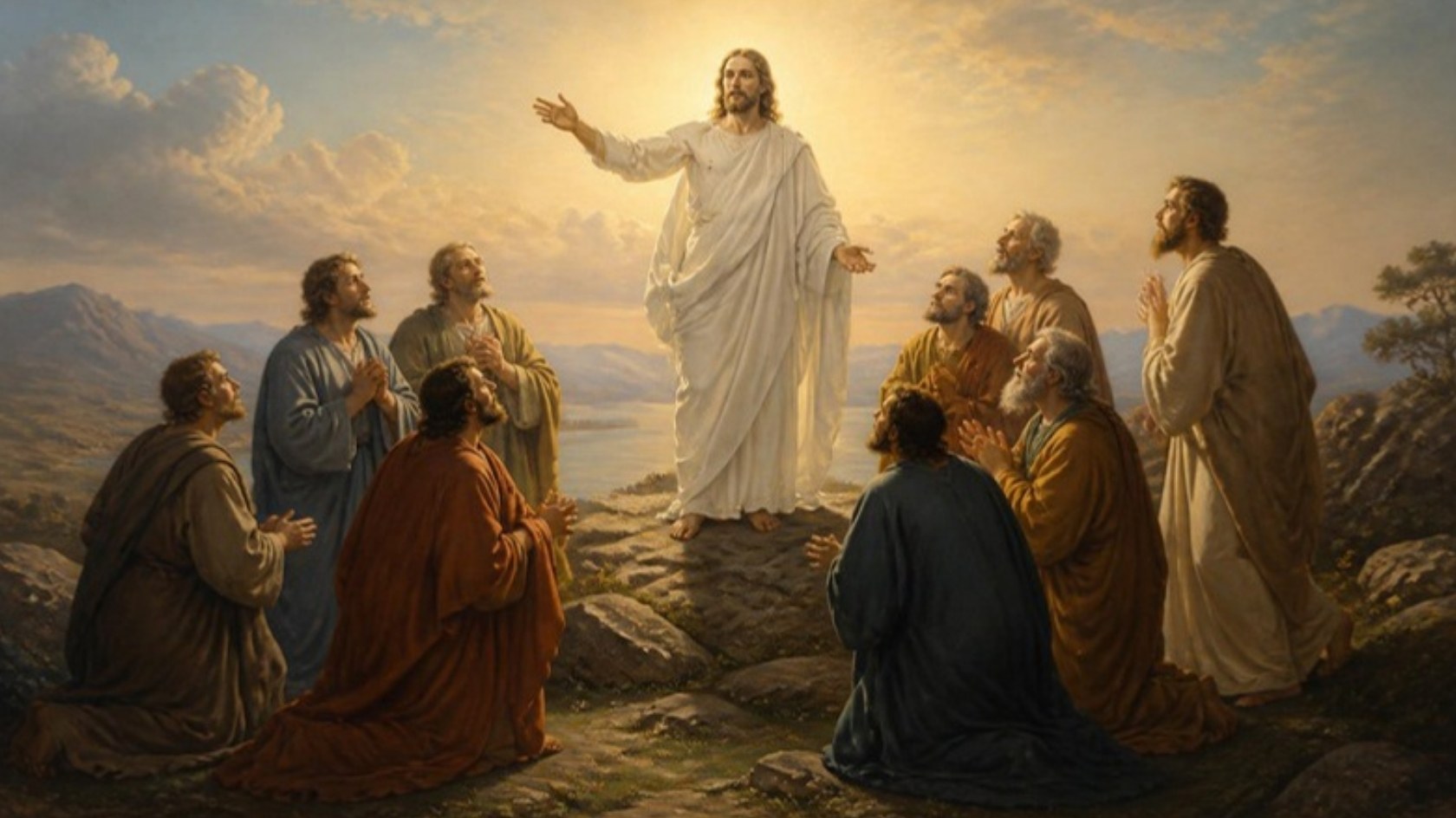 AI-generated illustration: the risen Christ in white on a Galilean mountain sends out the eleven apostles kneeling around him. Classical sacred-art style.