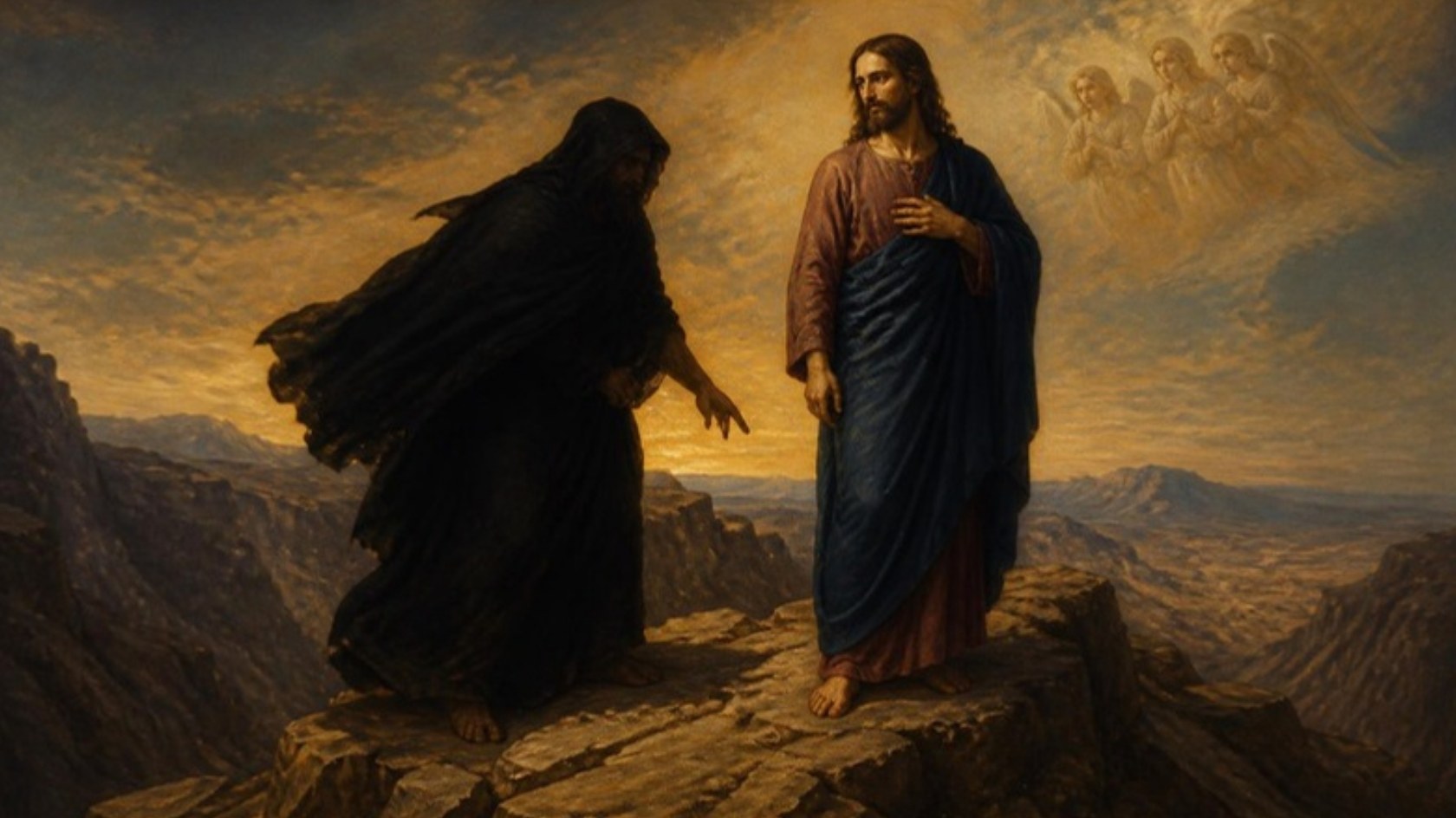 AI-generated illustration: Jesus stands firm on a desert height as a shadowy cloaked tempter points at stones, angels faint in the sky. Classical sacred-art style.