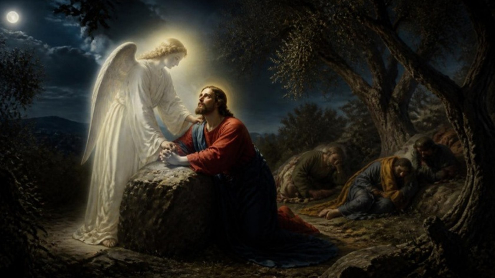 AI-generated illustration: Jesus prays on a rock in Gethsemane at night, comforted by an angel of light, three apostles asleep. Classical sacred-art style.