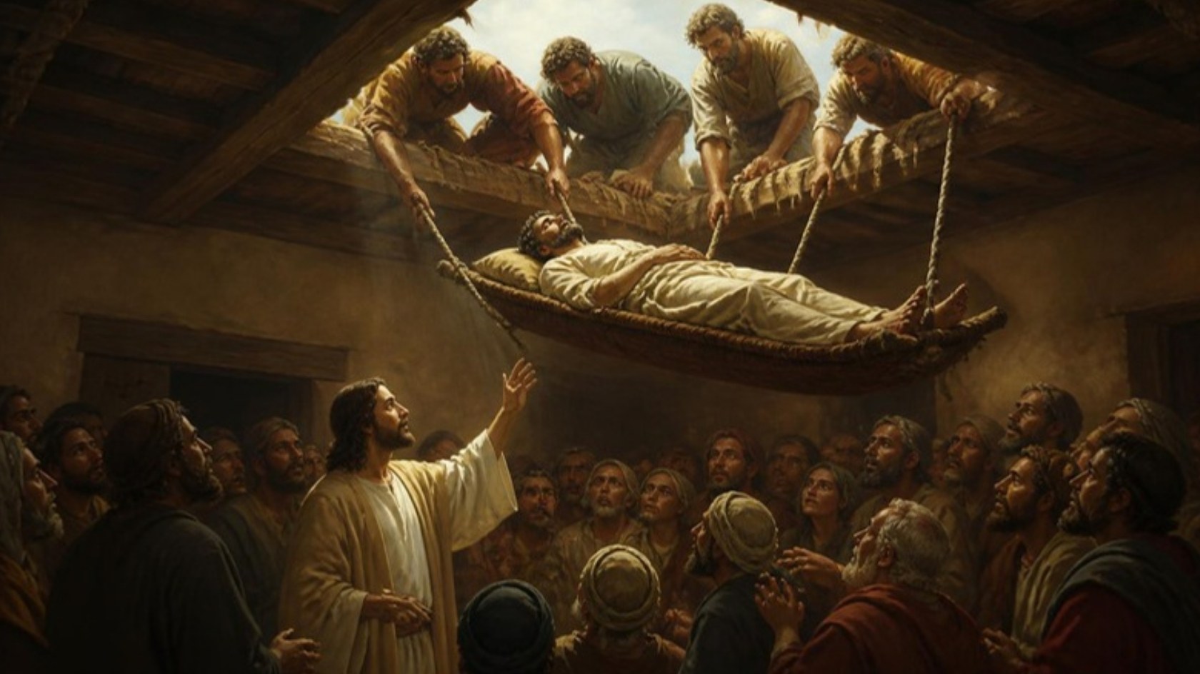 AI-generated illustration: friends lower a paralyzed man on a mat through a roof into a crowded house as Jesus raises his hand. Classical sacred-art style.