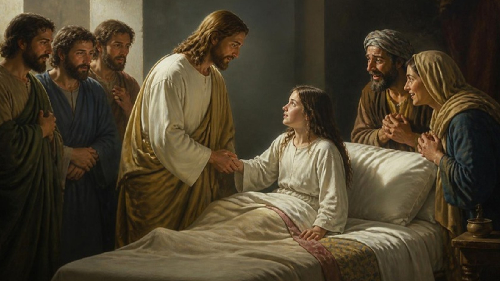 AI-generated illustration: Jesus takes the hand of Jairus's daughter as she sits up in bed, her parents overjoyed. Classical sacred-art style.