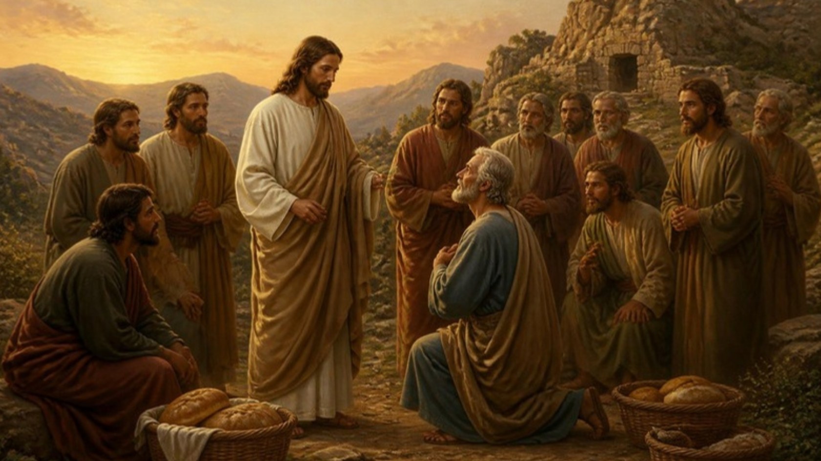 AI-generated illustration: Peter kneels before Jesus on a hillside road near Caesarea Philippi as the disciples gather, baskets of bread at their feet. Classical sacred-art style.