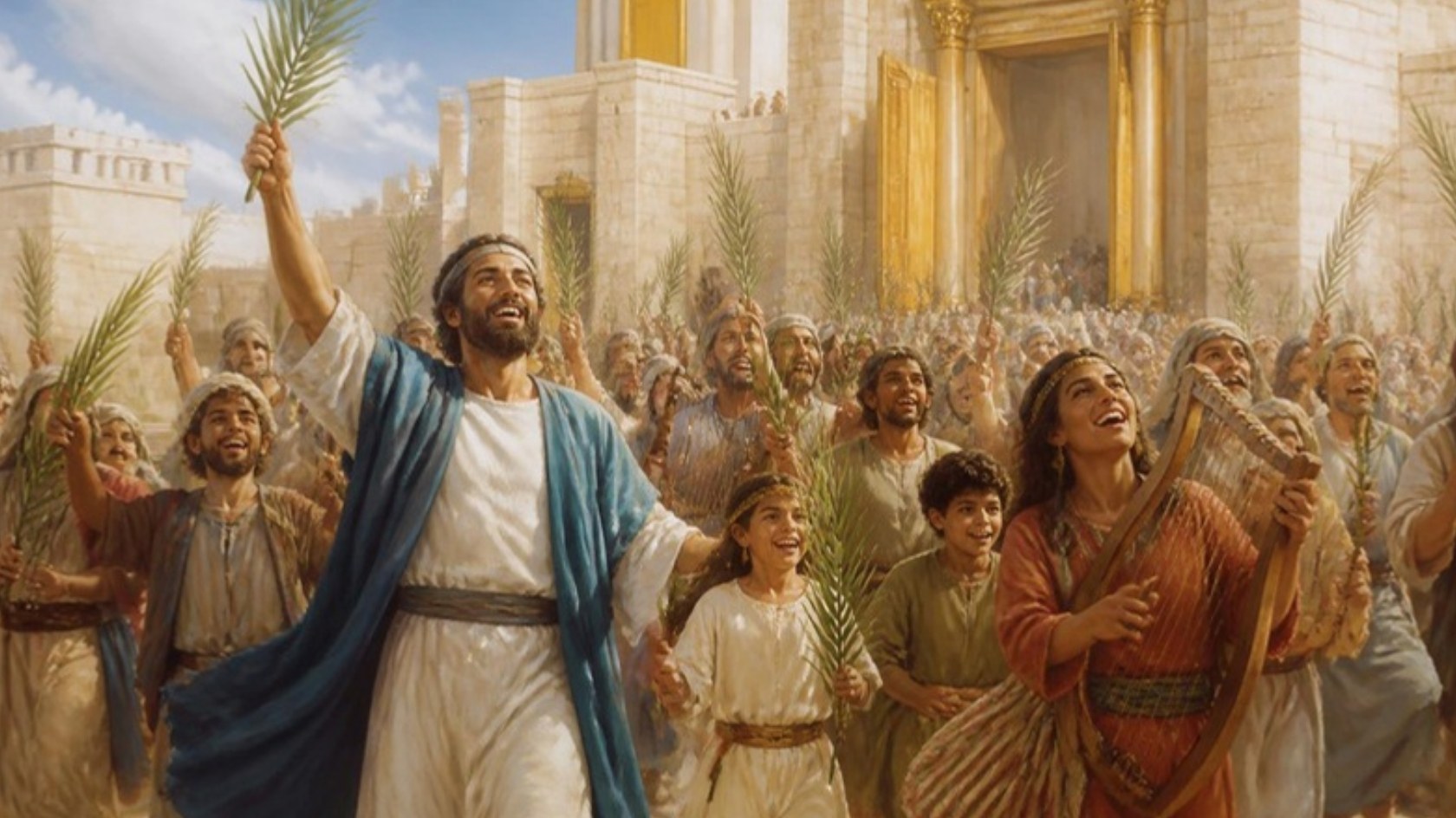 AI-generated illustration: a joyful crowd with palm branches and harps enters the Temple gates singing with thanksgiving. Classical sacred-art style.