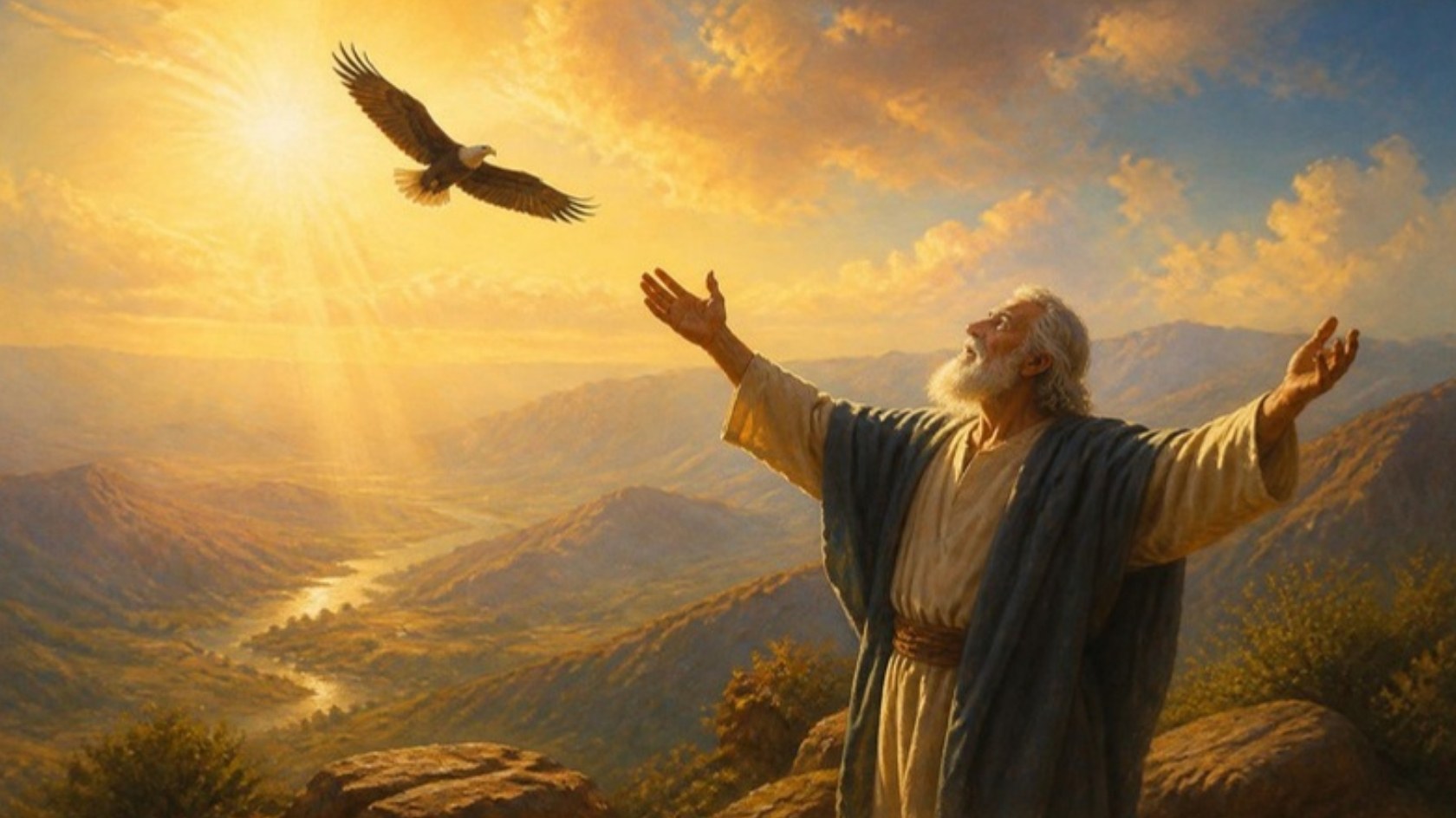 AI-generated illustration: an elderly man lifts his arms in praise on a sunlit height as an eagle soars above the valley. Classical sacred-art style.