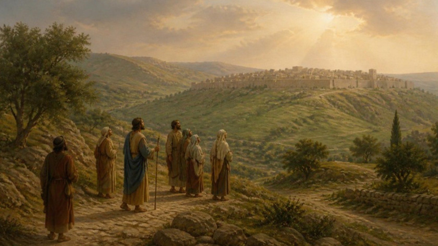 AI-generated illustration: pilgrims on a stony road at dawn lift their eyes to the hills and the walled city of Jerusalem. Classical sacred-art style.