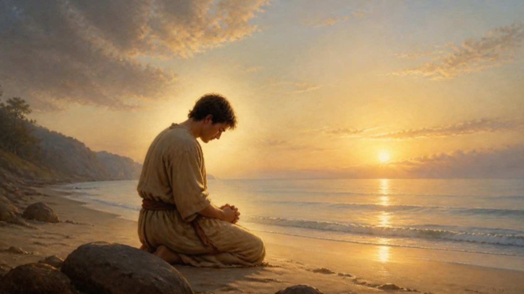 AI-generated illustration: a young man kneels in prayer alone on a seashore at dawn as morning light spreads to the horizon. Classical sacred-art style.