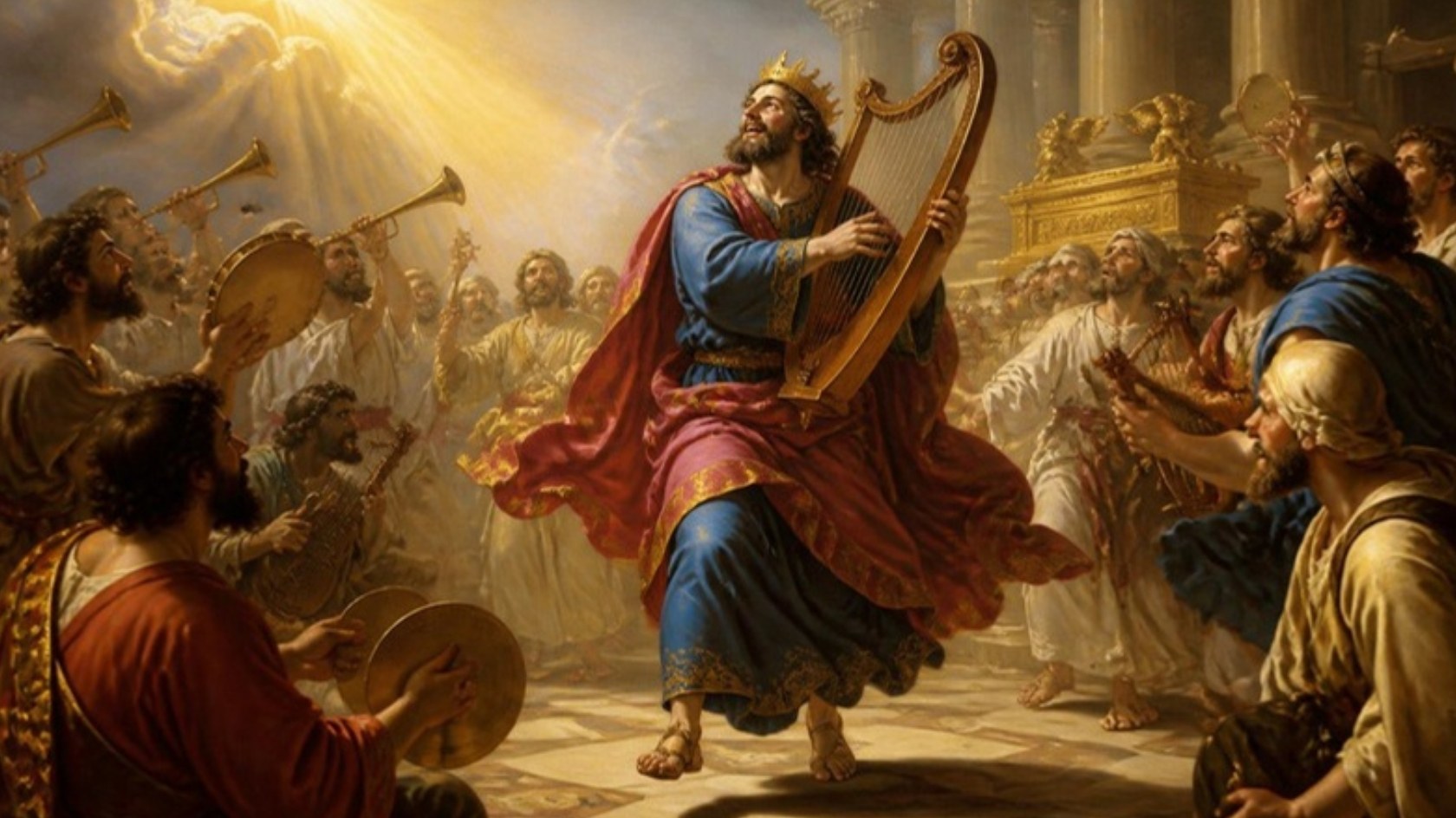 AI-generated illustration: King David dances with his harp before the Ark of the Covenant as musicians praise God with trumpets, lyres and cymbals. Classical sacred-art style.