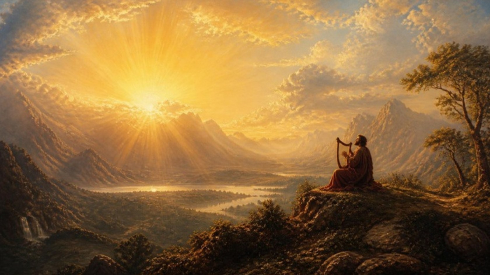 AI-generated illustration: the sun rises in glory over mountains and a river valley as a psalmist plays his harp on a hilltop. Classical sacred-art style.