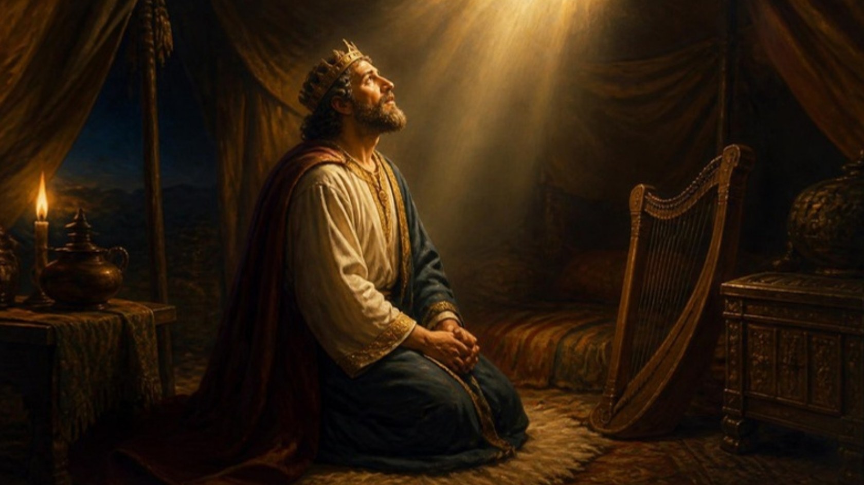 AI-generated illustration: King David kneels in a lamplit tent, looking up into a gentle light from above, his harp beside him. Classical sacred-art style.