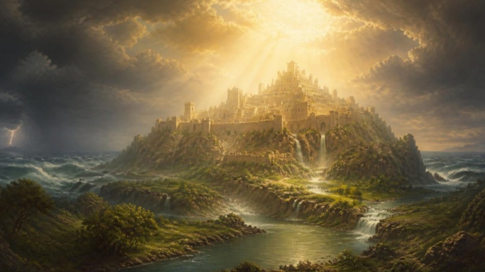 AI-generated illustration: a fortress city on a mountain glows in golden light, a calm river flowing below while storms rage on the horizon. Classical sacred-art style.