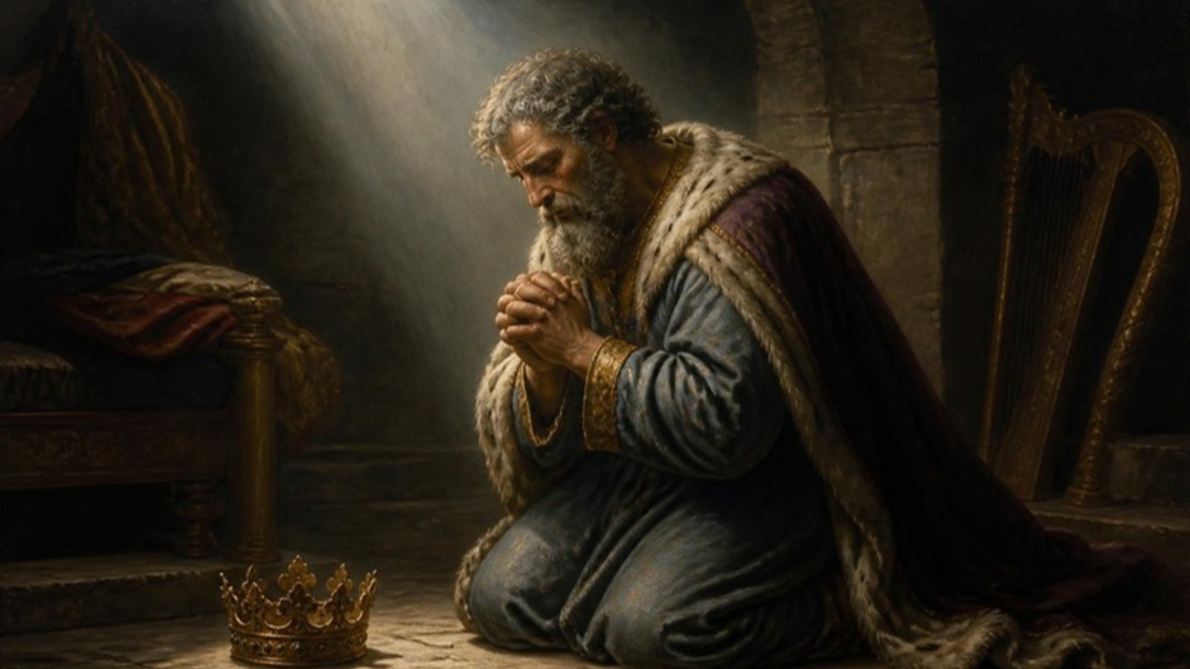 AI-generated illustration: King David kneels in penitence in a dim chamber, his crown set on the floor, a beam of light upon him. Classical sacred-art style.