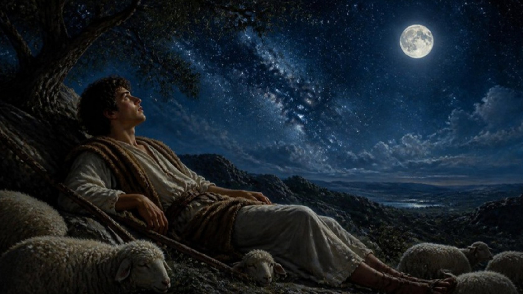 AI-generated illustration: a young shepherd lies among his sheep on a hillside at night, gazing at the moon and countless stars. Classical sacred-art style.