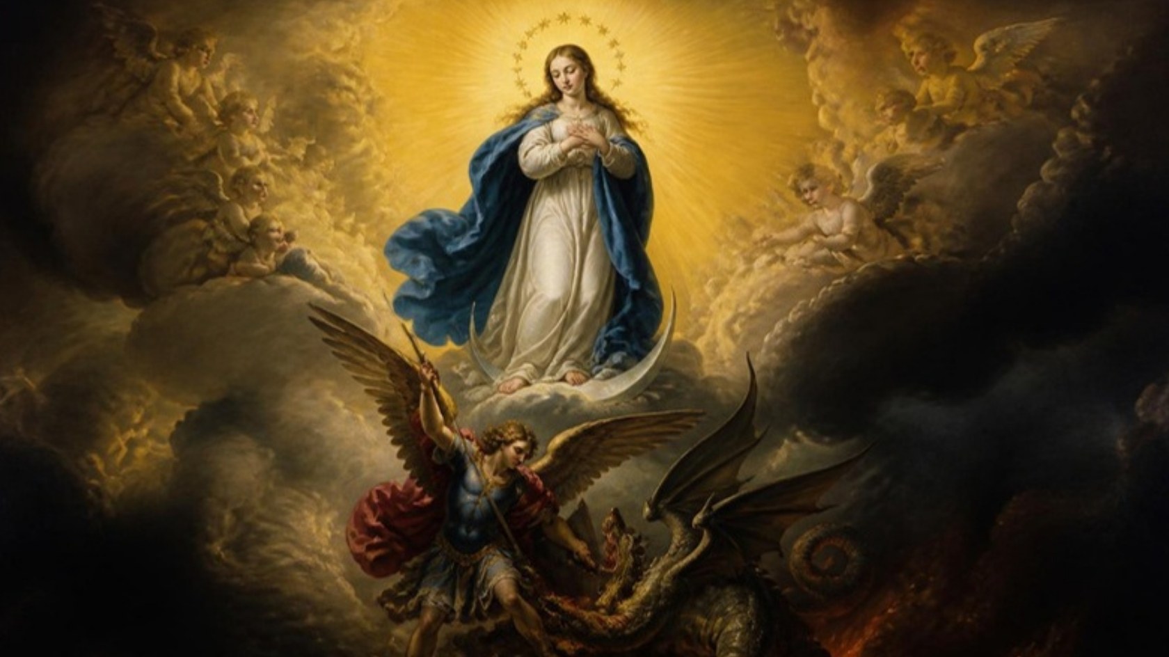 AI-generated illustration: the Virgin Mary crowned with twelve stars stands on the moon before the sun as Saint Michael casts down the dragon. Classical sacred-art style.