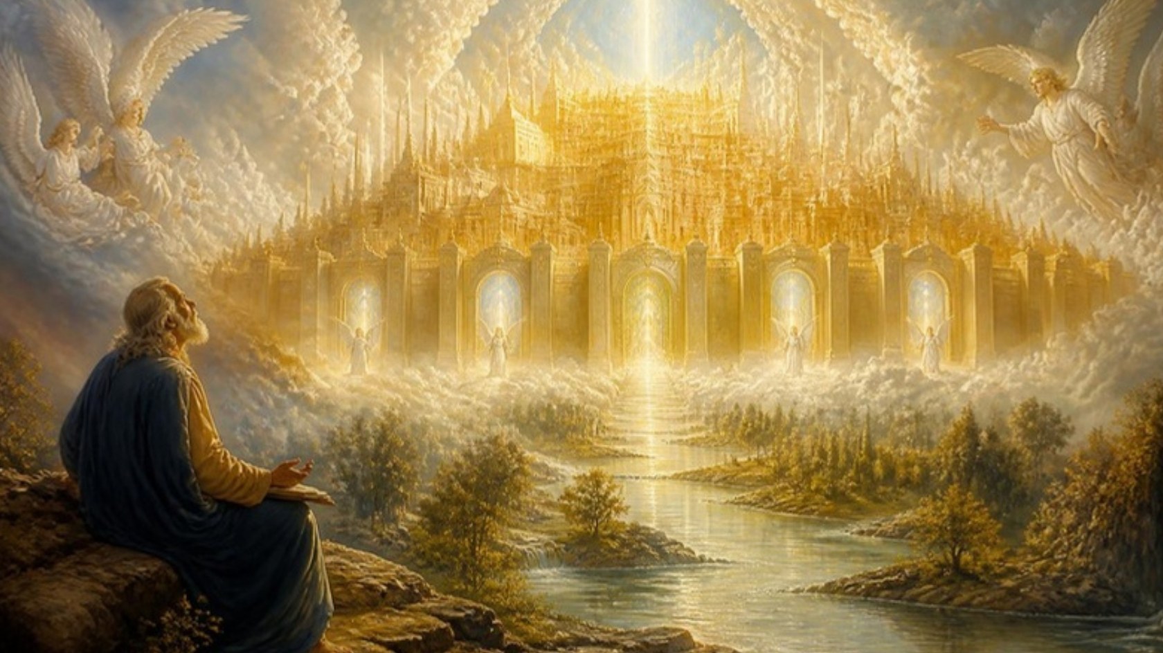 AI-generated illustration: a radiant golden city with pearl gates descends from heaven above the river of life as John watches. Classical sacred-art style.