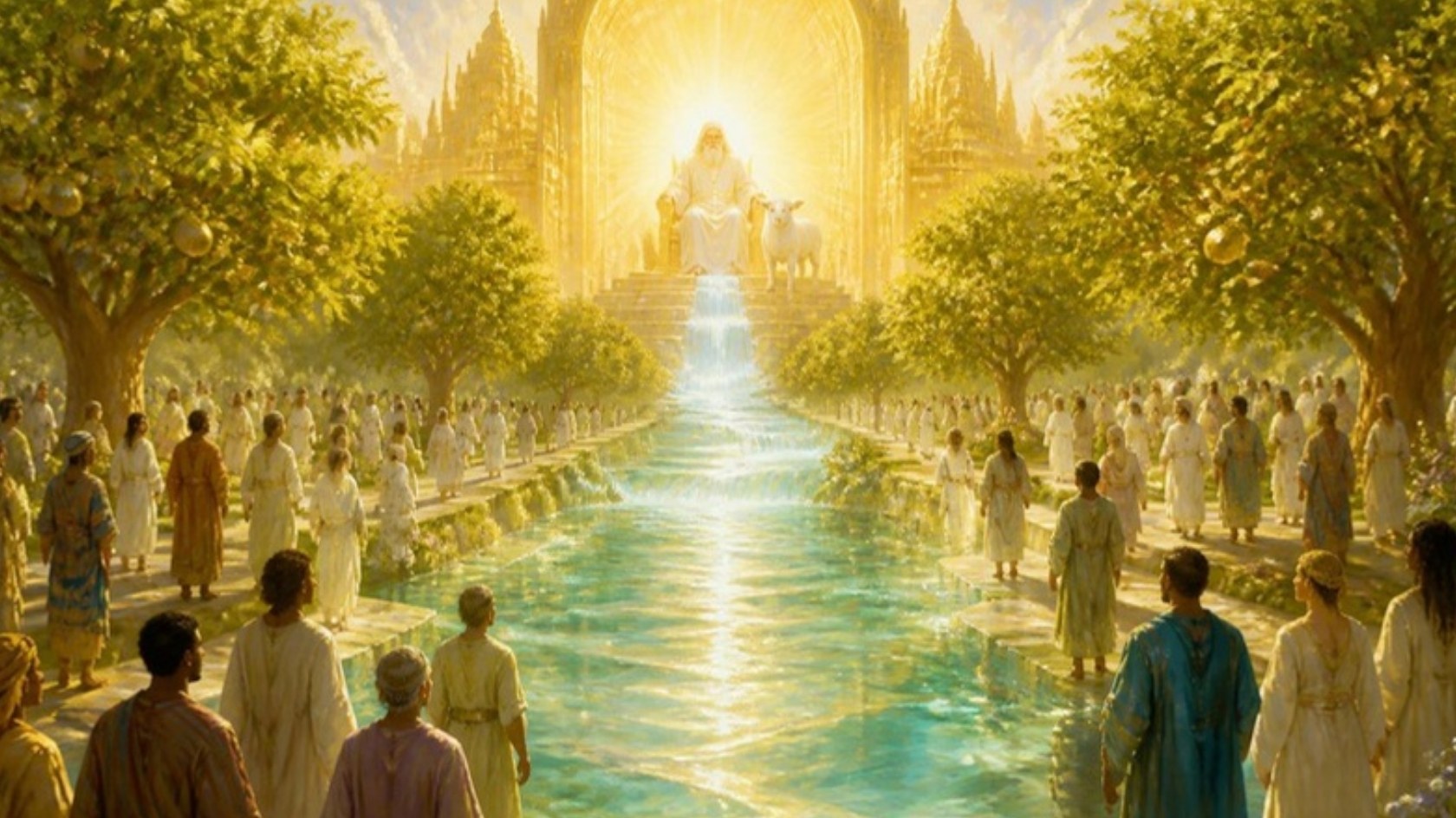 AI-generated illustration: the crystal river of life flows from the throne of God and the Lamb through the heavenly city between trees of life. Classical sacred-art style.