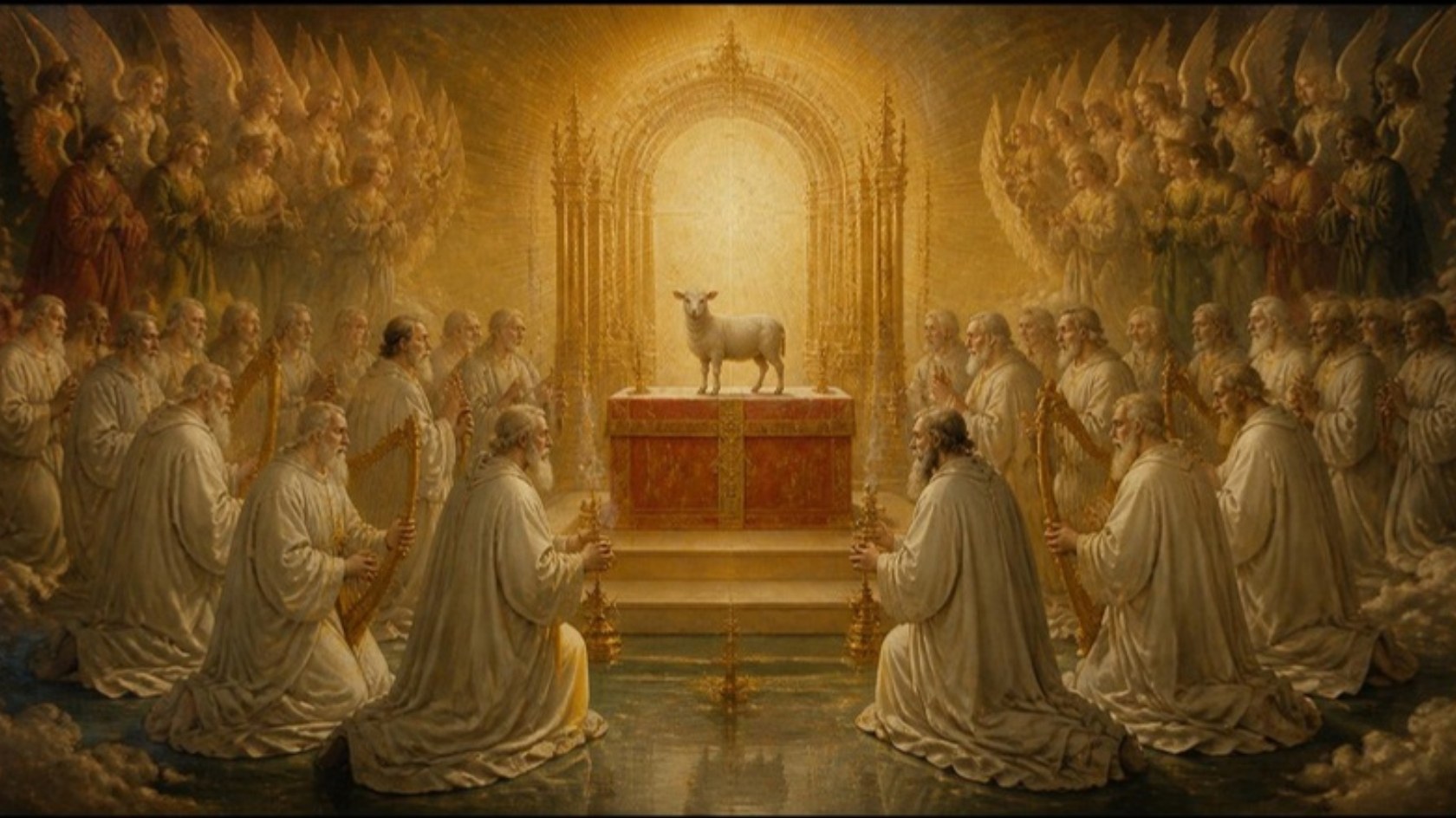 AI-generated illustration: the Lamb stands on an altar before the heavenly throne as elders in white kneel with harps and angels worship. Classical sacred-art style.